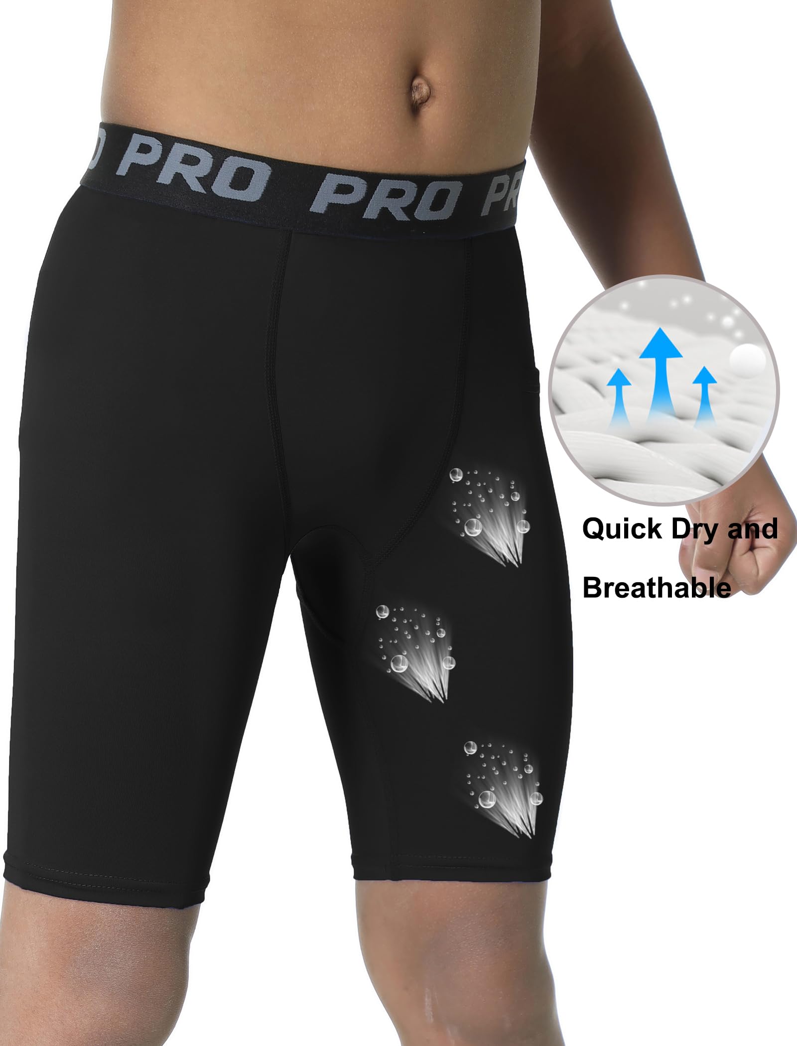 EXARUS Youth Boys Compression Shorts with Side Pockets - Moisture-Wicking Performance Athletic Underwear for Running, Soccer & Sports - Ideal for Training, Gym Workouts & Active Play