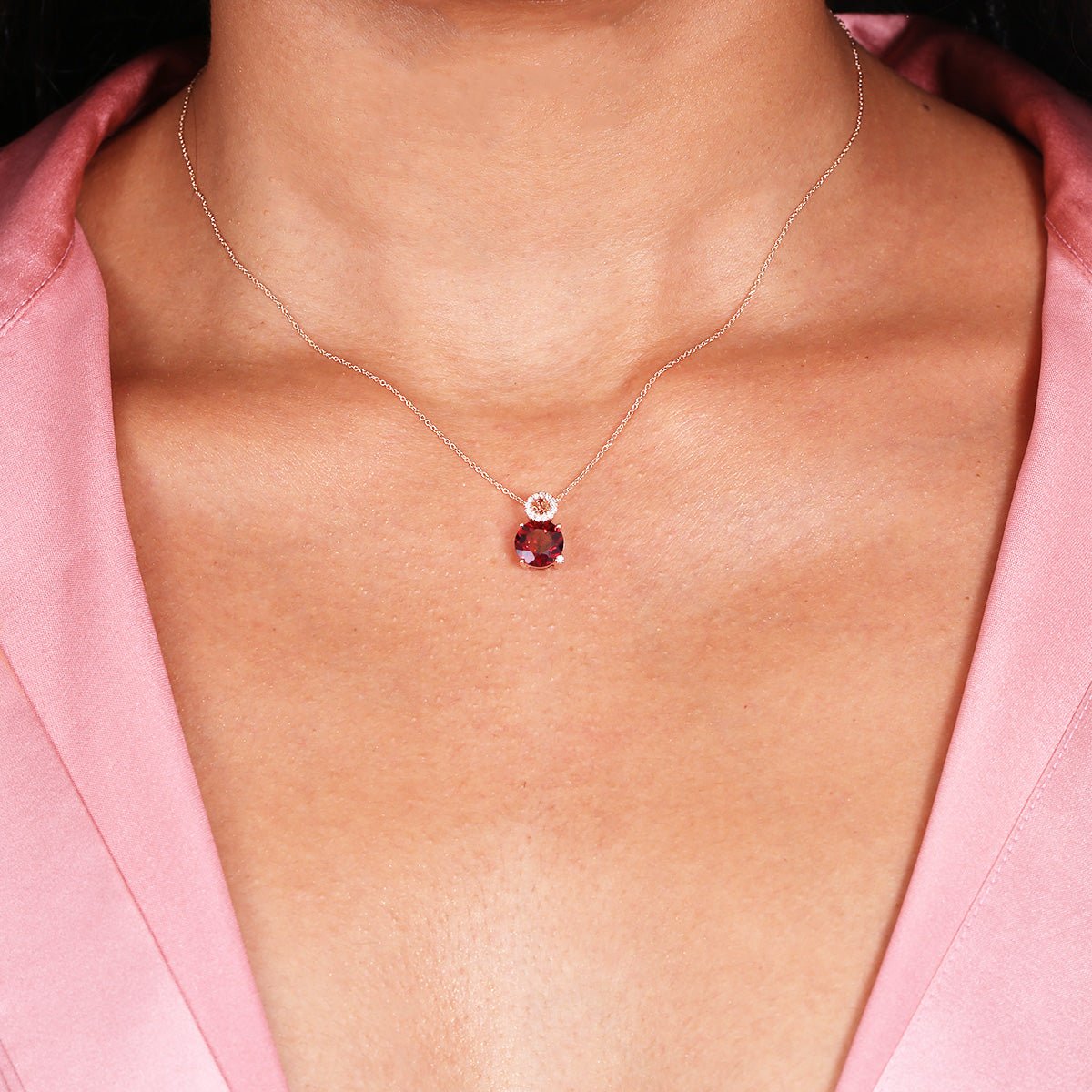 14k Rose Gold Stacked Diamond and Garnet Solitaire Pendant Necklace for Women - Elegant Gift for Anniversary, Valentine's Day & Special Occasions