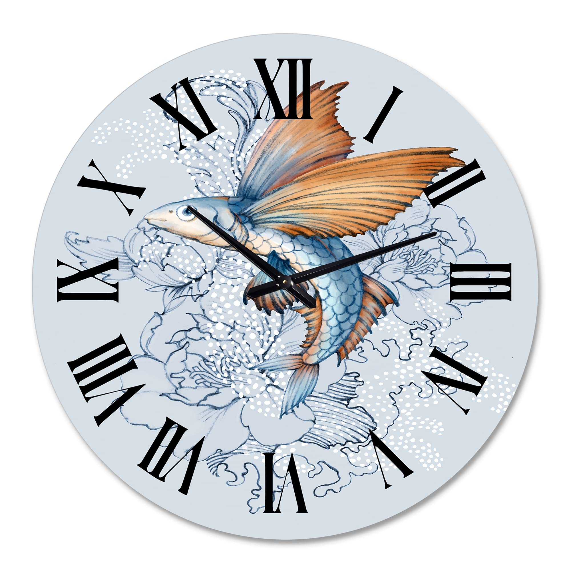 Flying Fish On Peonies Large Wall Clock - Traditional Decorative Clock for Home & Office - Perfect for Living Room, Bedroom, and Workspace Decor