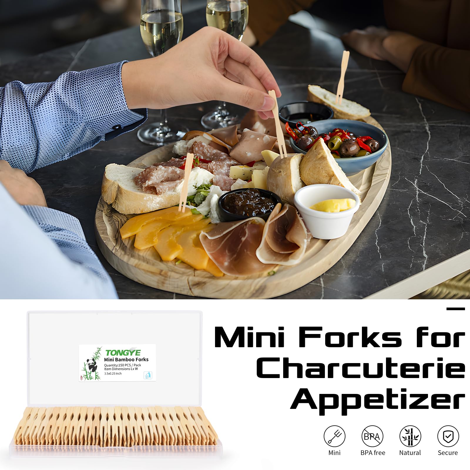 Disposable Mini Appetizer Forks - 150 PCS 3.5 Inch Small Bamboo Wooden Two-Prong Forks for Fruits, Charcuterie, Cocktails & Party Platters | Perfect for Catering, Weddings & Home Entertaining