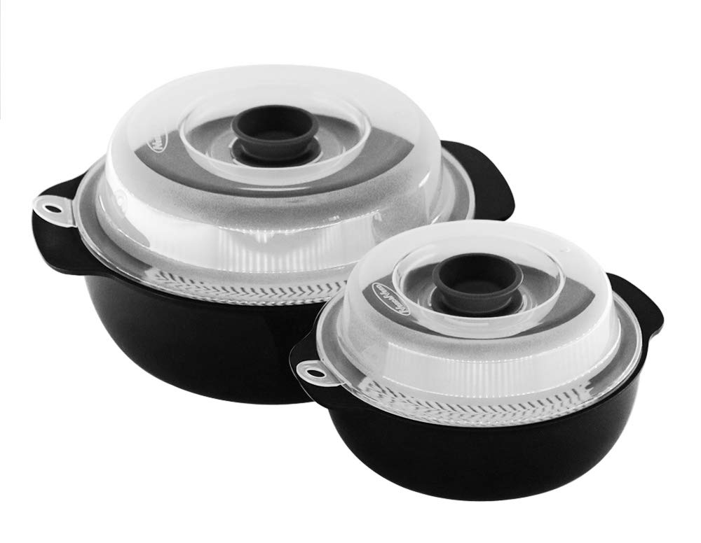 BPA-Free Microwave Steamer Set of 2 (40.5oz & 18.5oz) - Multi-Purpose Korean-Made Food Container for Vegetables, Rice & Meal Prep - Medium Black Kitchen Essential