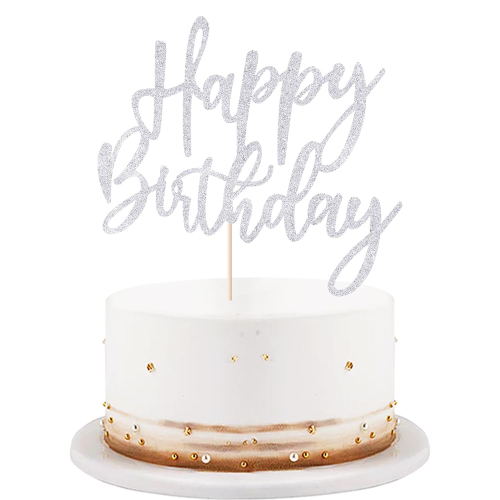 LVEUD Glitter Happy Birthday Cake Topper - Silver Shimmer Cake Decoration for Anniversary & Birthday Parties | Perfect for Wedding, Baby Shower & Celebration Cakes
