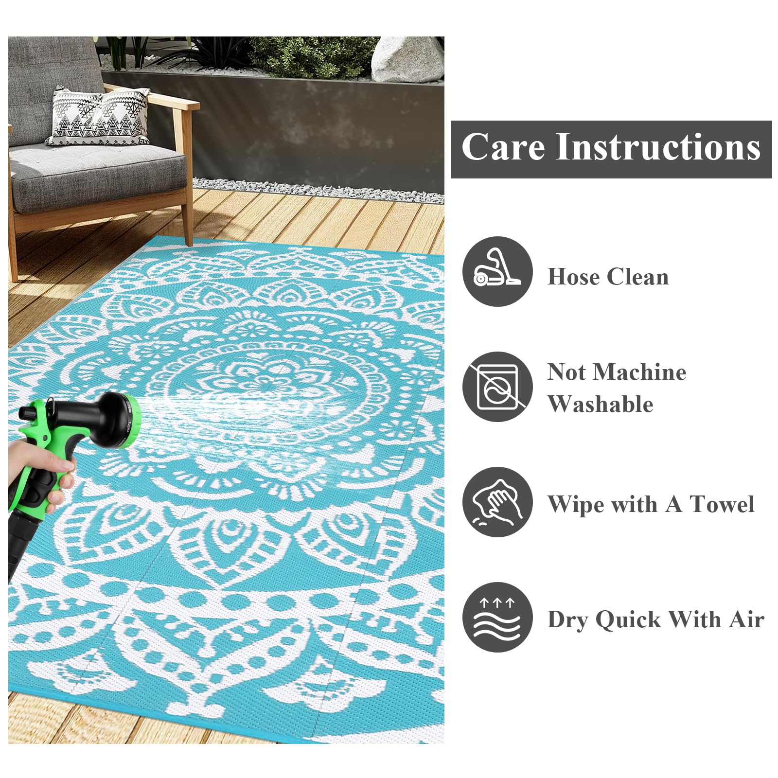 Bsmathom 6x9 Outdoor Plastic Straw Rug - Large Waterproof Reversible Mat for Patio, Camping, RV, Picnic, Beach, Backyard & Pool Deck - Durable & Portable Teal Rug for Outdoor Decor & Summer Gatherings
