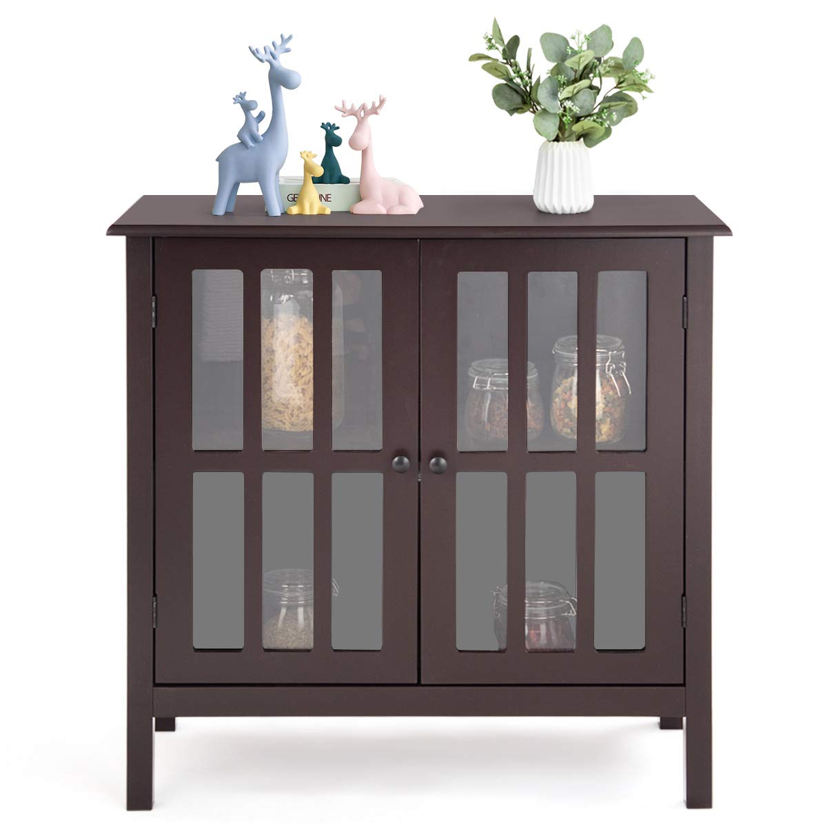 Modern Storage Cabinet with 2 Glass Doors & Solid Wood Legs - Multifunctional Console Table, Sideboard Buffet Display Cabinet for Kitchen, Hallway, Living Room - Perfect for Home Organization & Stylish Decor (Brown)