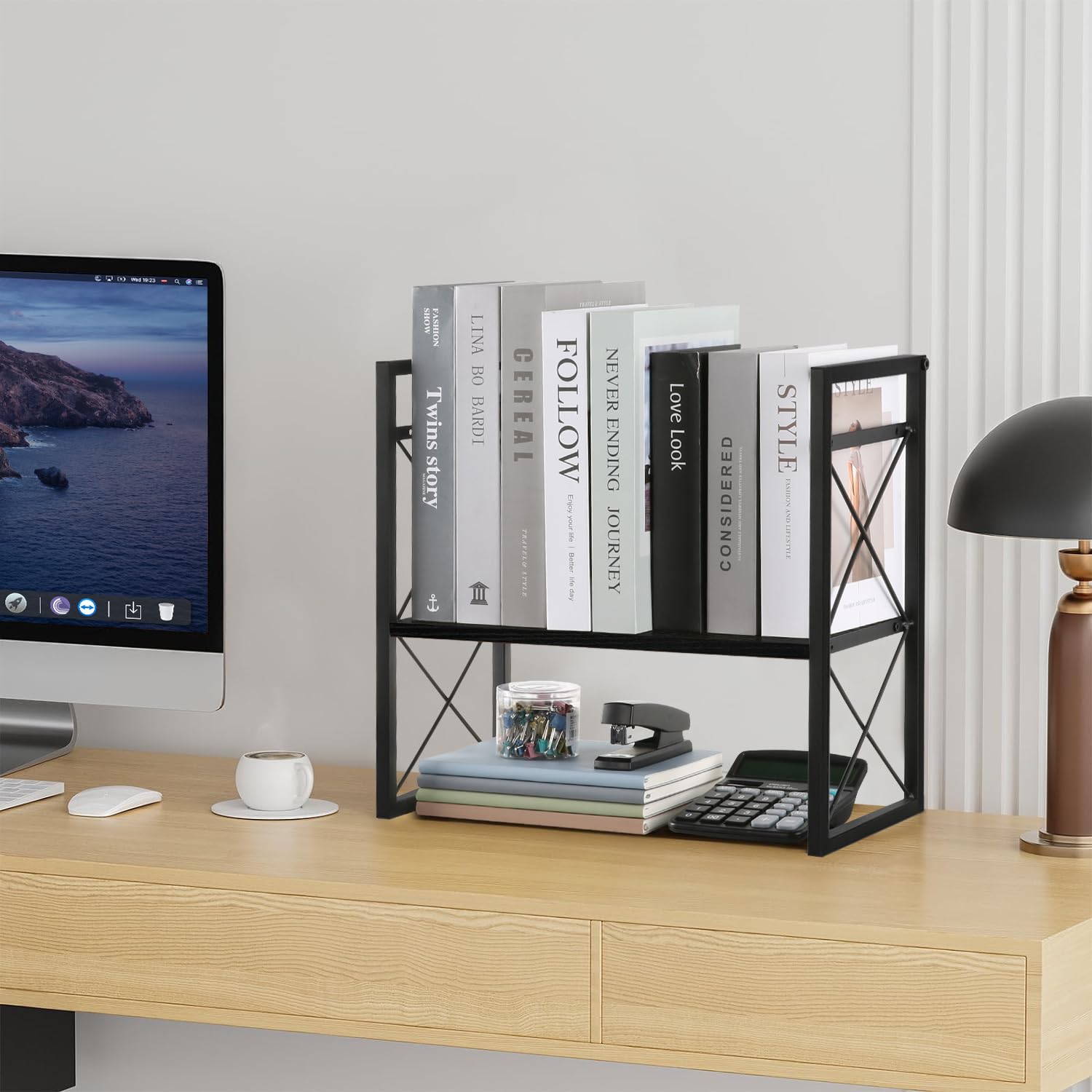 YINMIT 2-Tier Wooden Desktop Shelf Organizer - Black Office Desk Storage Rack & Freestanding Display Shelf for Home, Dorm, Workspace | Perfect for Organizing Books, Supplies & Decor