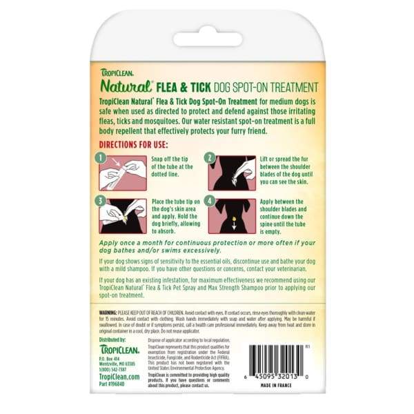 Tropiclean Natural Flea & Tick Spot On Treatment for Dogs - Safe & Effective Flea Control for Small, Medium & Large Breeds - Perfect for Home, Yard & Outdoor Use