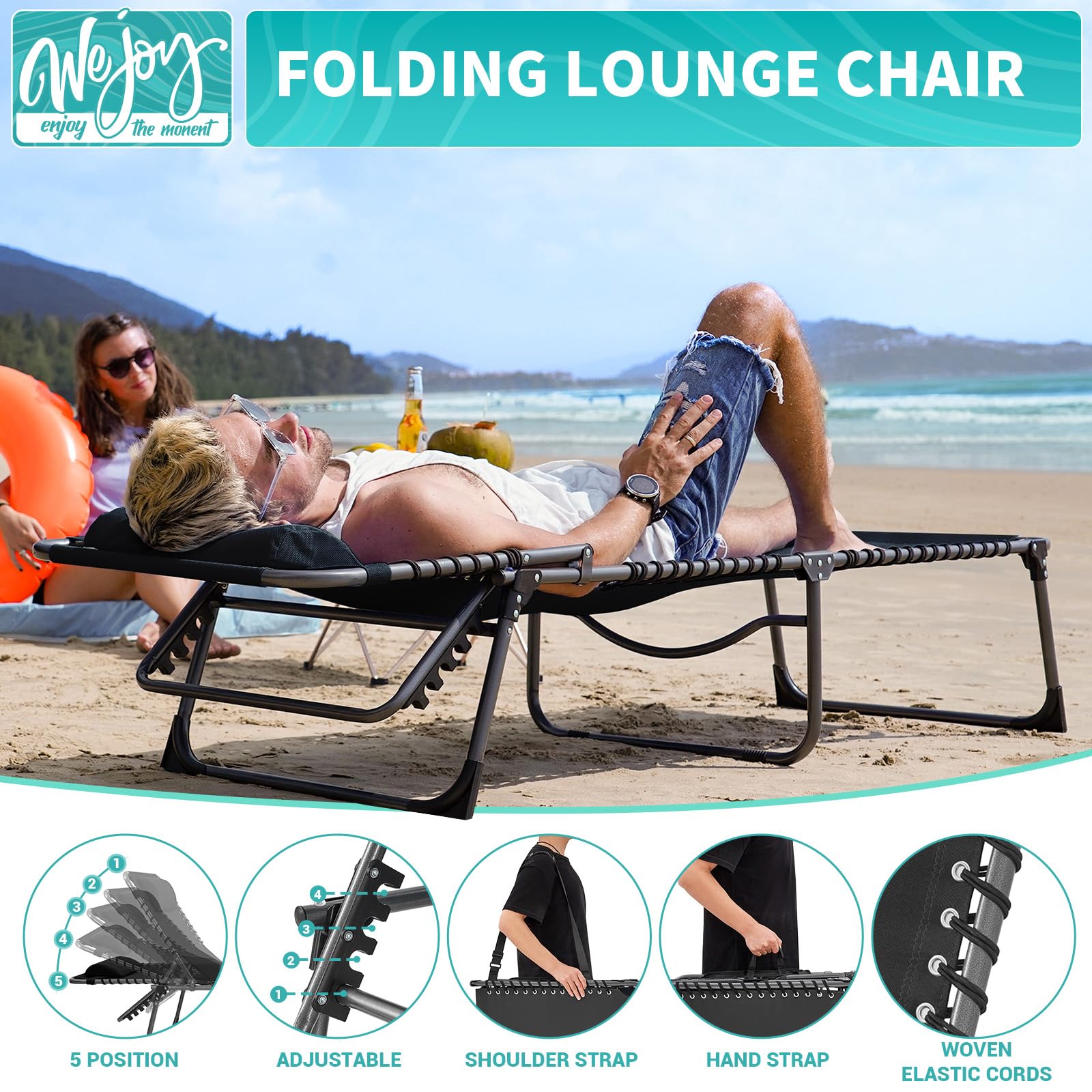 Premium WEJOY Outdoor Folding Chaise Lounge Chairs - 2 Pack Adjustable 5-Position Recliners for Patio, Beach, Pool & Camping - Heavy Duty Sunbathing Chairs with Shoulder Strap & Pillow - Perfect for Backyard Relaxation, Vacation & Outdoor Adventures