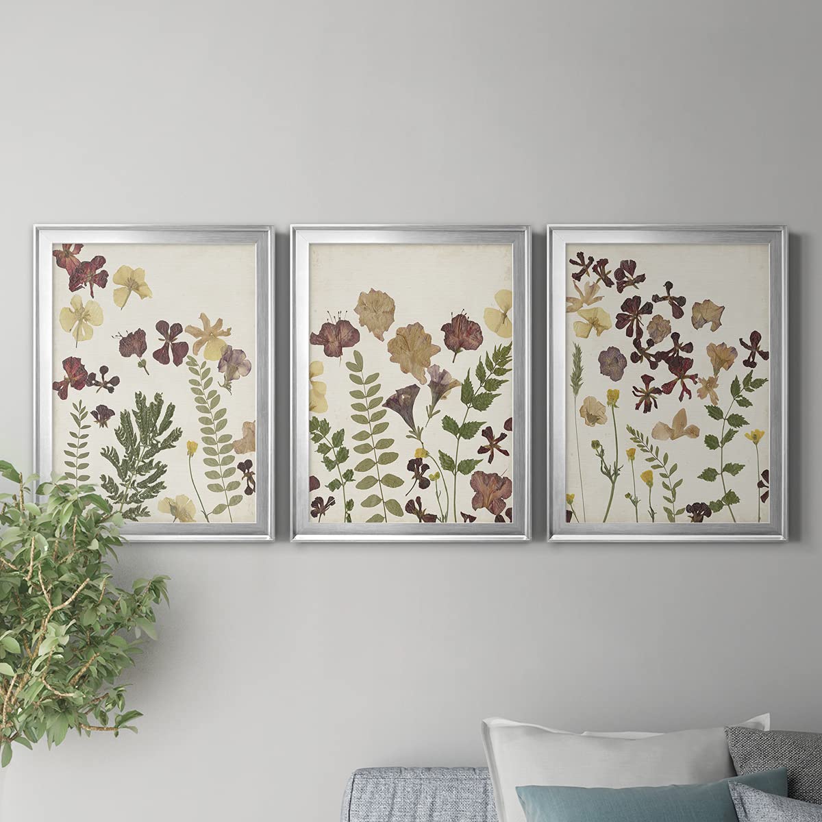 Silver Framed Canvas Wall Art Set - 3-Piece Floral & Animal Pressed Flower Arrangement (18x24 Inches Each) | Italian Art Deco Style for Living Room Décor | Perfect for Home, Office & Gift Giving
