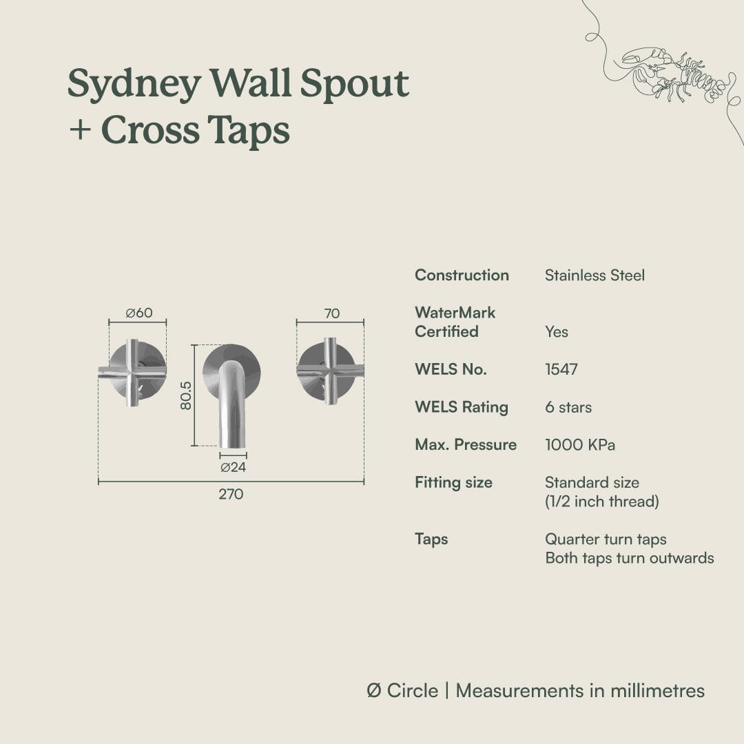 Sydney Wall Spout with Cross Taps in Brushed Brass - Modern Bathroom Faucet for Sink and Vanity, Perfect for Home and Hotel Renovations