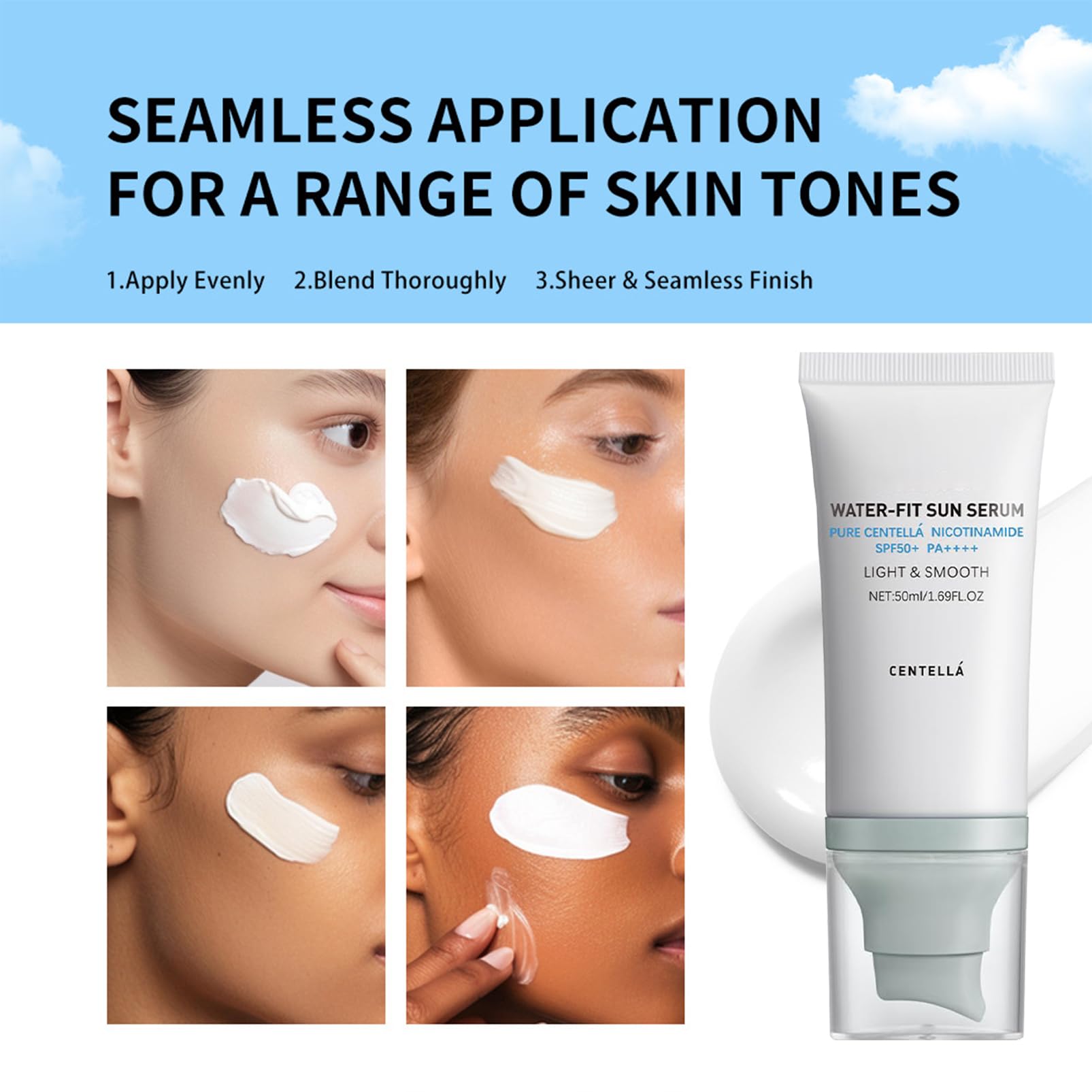 SPF 50 Hyaluronic Acid Cica Sunscreen Serum - Water-Fit Face Sunscreen with Long-Lasting Protection | Madagascar Centella Extract | No White Cast for Dry & Oily Skin | Perfect for Daily Use, Outdoor Activities & Beach Days (Blue 1)