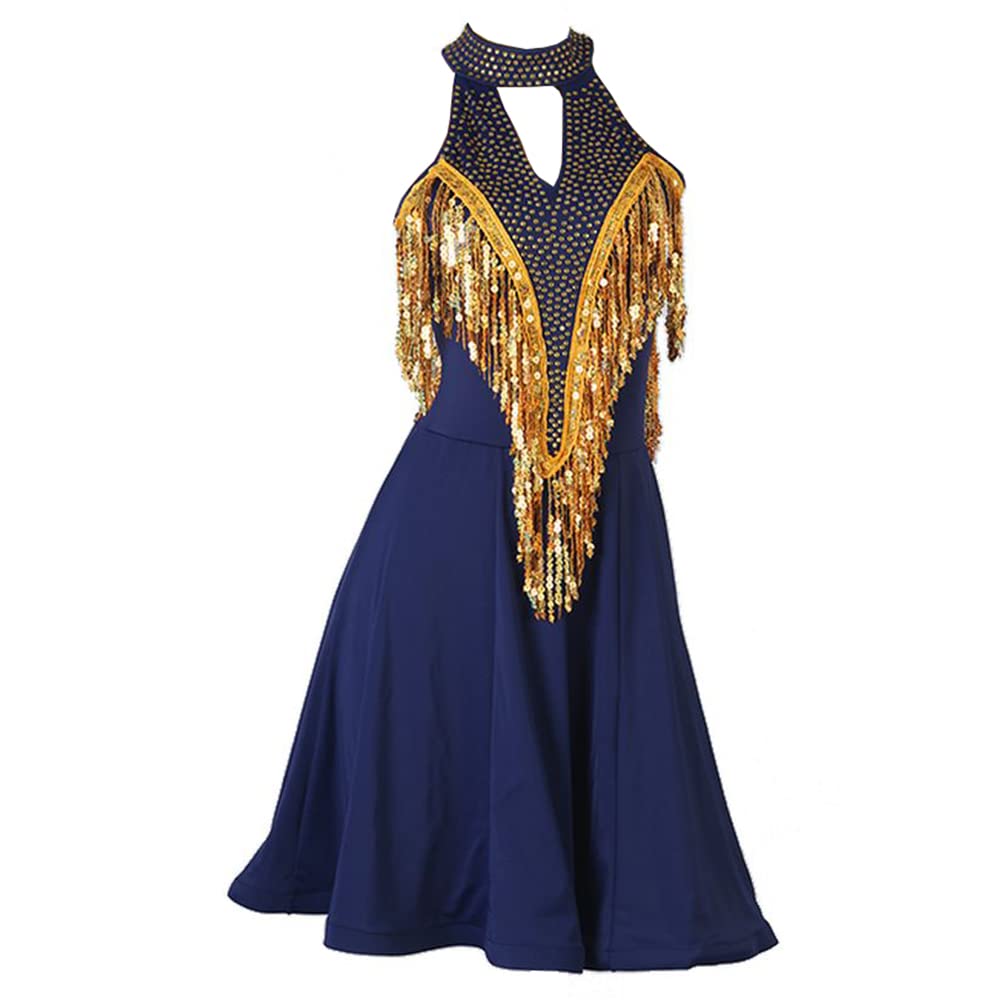 Navy Blue Turtleneck Latin Dance Dress for Women - Elegant Long Performance Dress for Competition, Party & Ballroom Dancing | Perfect for Salsa, Tango & Professional Dance Events
