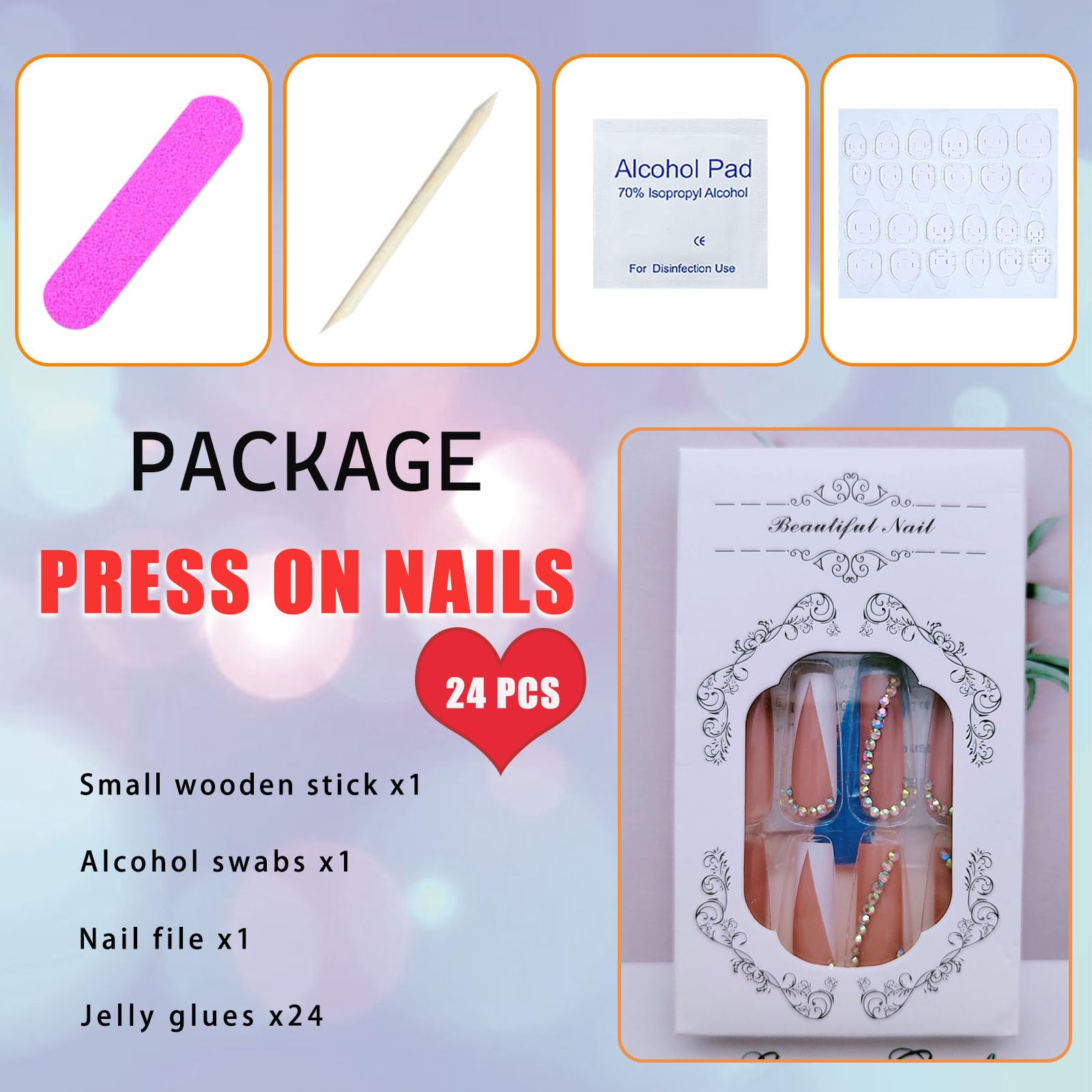 White French Tip Press on Nails - 24PCS Long Square Acrylic Fake Nails with Heart Rhinestone Design, Full Cover Glue on Nails for Women (Walnut Color) | Perfect for Parties, Weddings, and Special Occasions