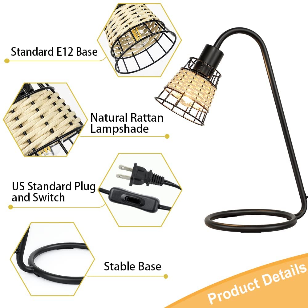 Modern LED Desk Lamp with Rattan Shade - Black Metal Industrial Table Lamp for Bedroom, Living Room, Office & Study | Adjustable Nightstand Lighting for Reading & Workspace