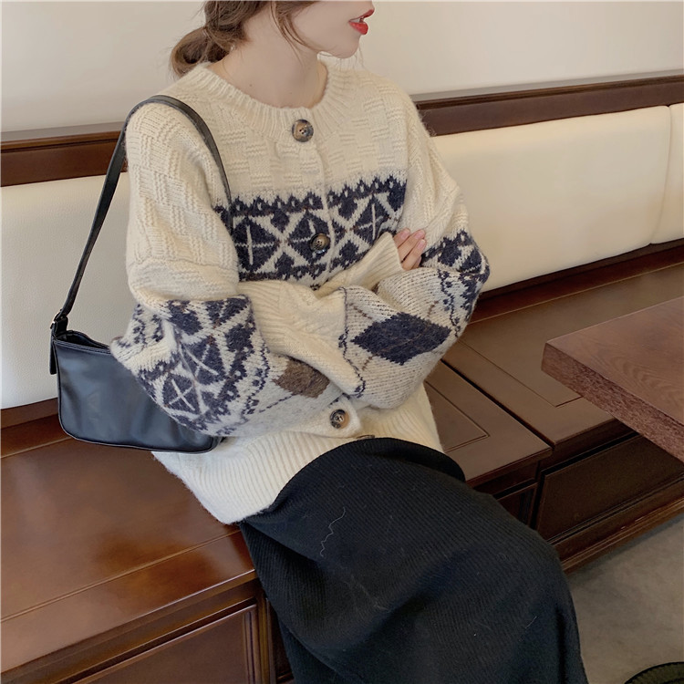 French Crew Neck Sweater for Women - Vintage Loose Knit Cardigan Jacket for Autumn & Winter | Cozy Fall Layering, Casual Office Wear & Holiday Outfits