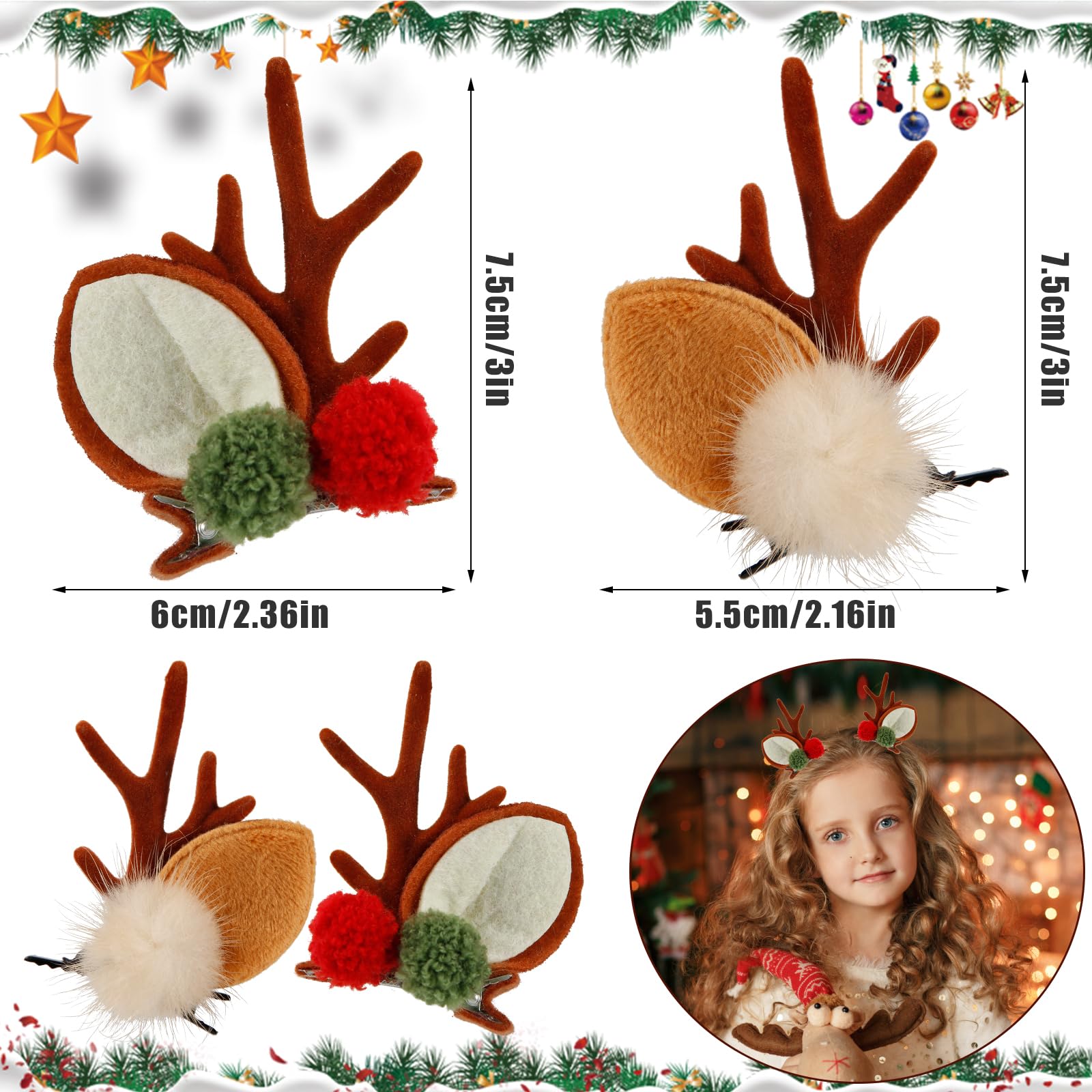 2 Pairs Christmas Hair Clips - Reindeer Antler Hairpins for Women & Girls, Festive Holiday Hair Accessories for Christmas Parties, Family Gatherings & Photo Shoots