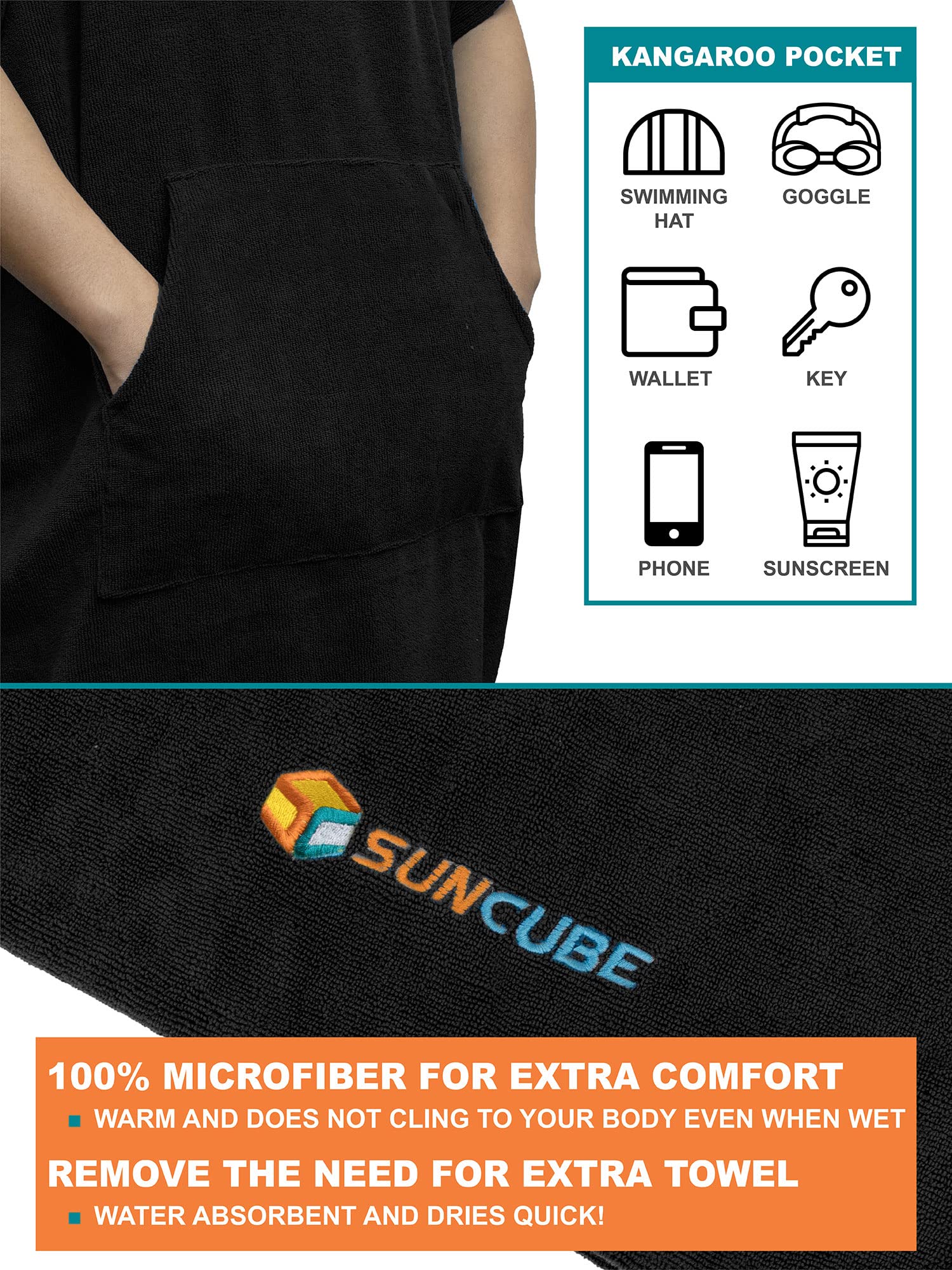 **SUN CUBE Quick-Dry Surf Poncho Changing Robe with Hood & Pocket - Absorbent Microfiber Wetsuit Towel for Men & Women - Perfect for Surfing, Beach, Swimming & Outdoor Activities**