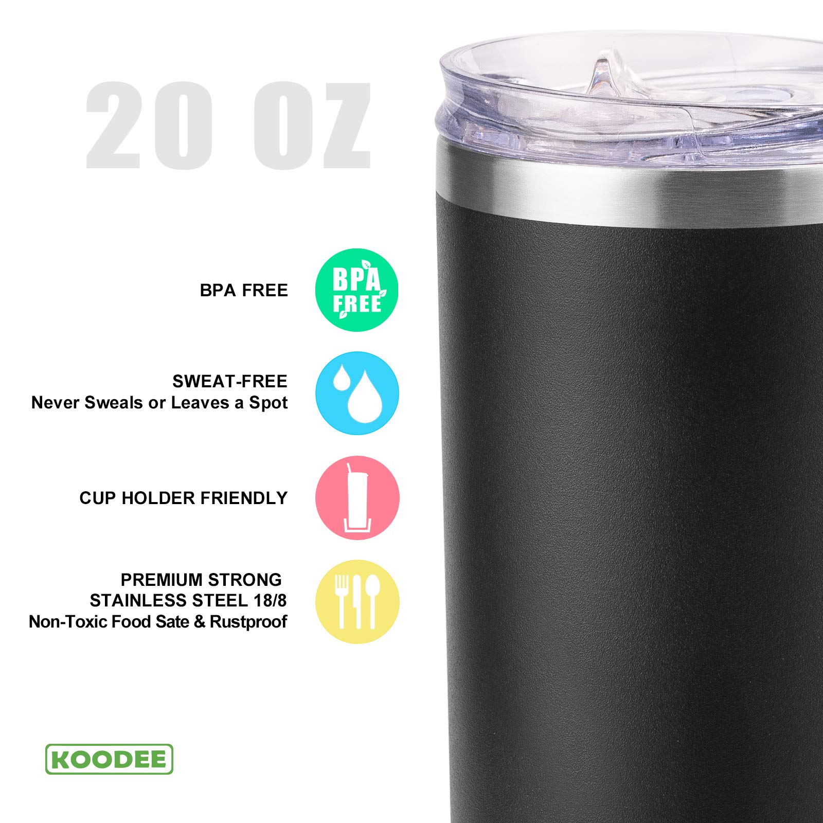 **Koodee 20 oz Slim Stainless Steel Tumbler - Double Wall Insulated Skinny Water Cup with Lid, Straw & Cleaning Brush (Black) - Perfect for Travel, Gym & Office Hydration**