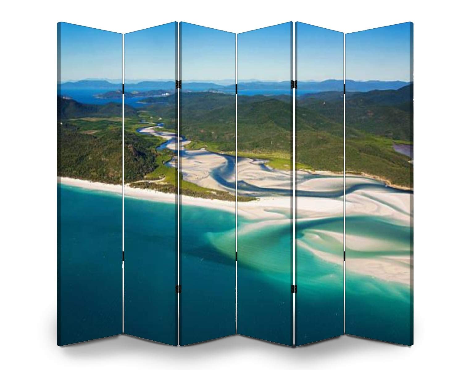 APED DECOR Whitehaven Beach Whitsundays Wooden Room Divider - 6-Panel Folding Privacy Screen with Dual-Sided Canvas Design for Bedroom, Living Room & Office Space