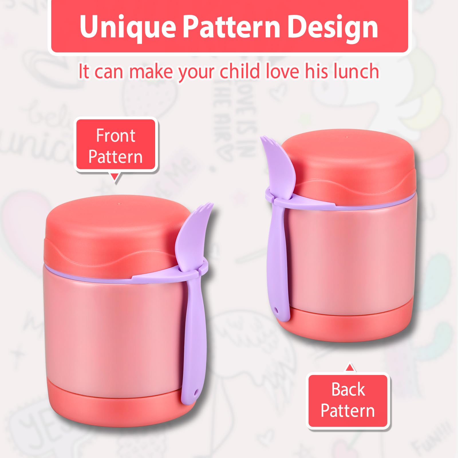 10oz Insulated Stainless Steel Kids Lunch Thermo with Spoon - Leak Proof Wide Mouth Hot Food Container for School, Picnic & Travel - Keeps Soup & Meals Warm (Pink) - Perfect for Toddlers' Lunchboxes and On-the-Go Meals