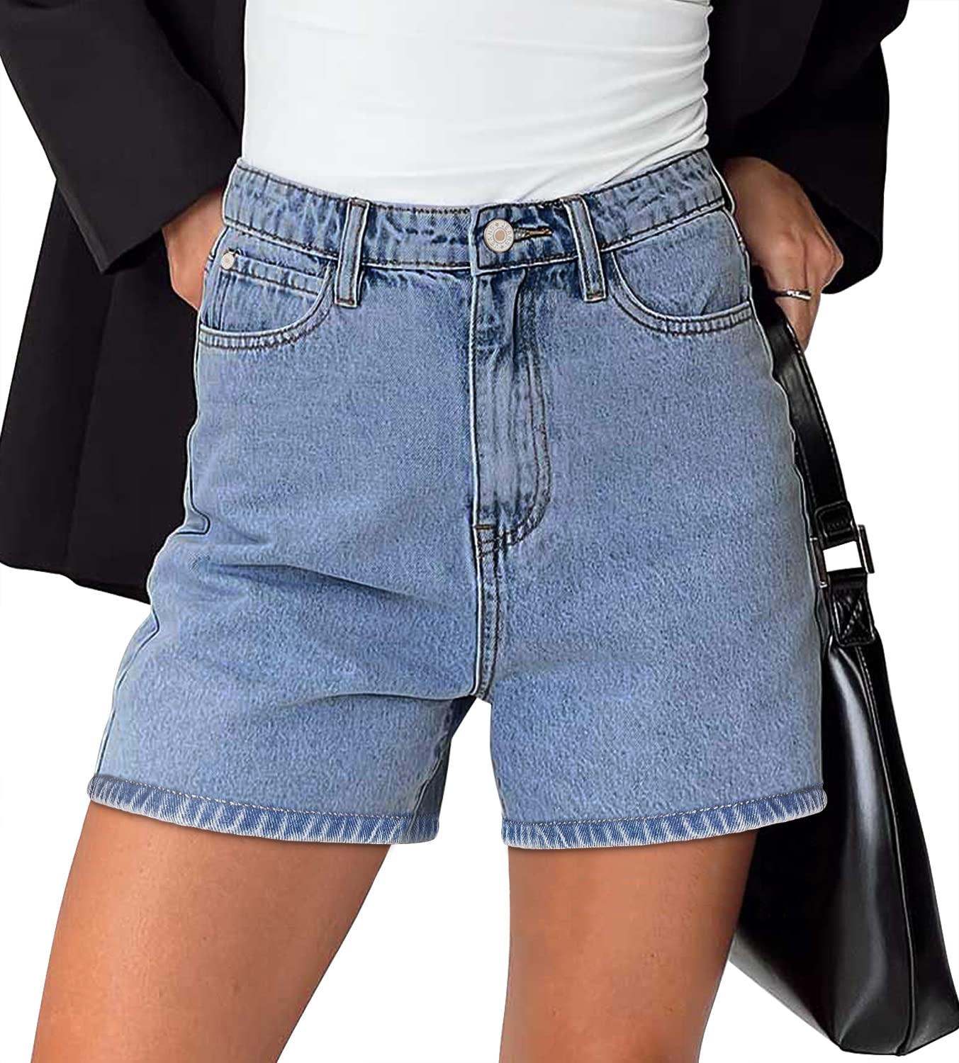 Stylish Women's Mid-High Waisted Ripped Denim Jean Shorts - Stretchy Summer Cutoff Short Pants for Casual Outings & Beach Vacations