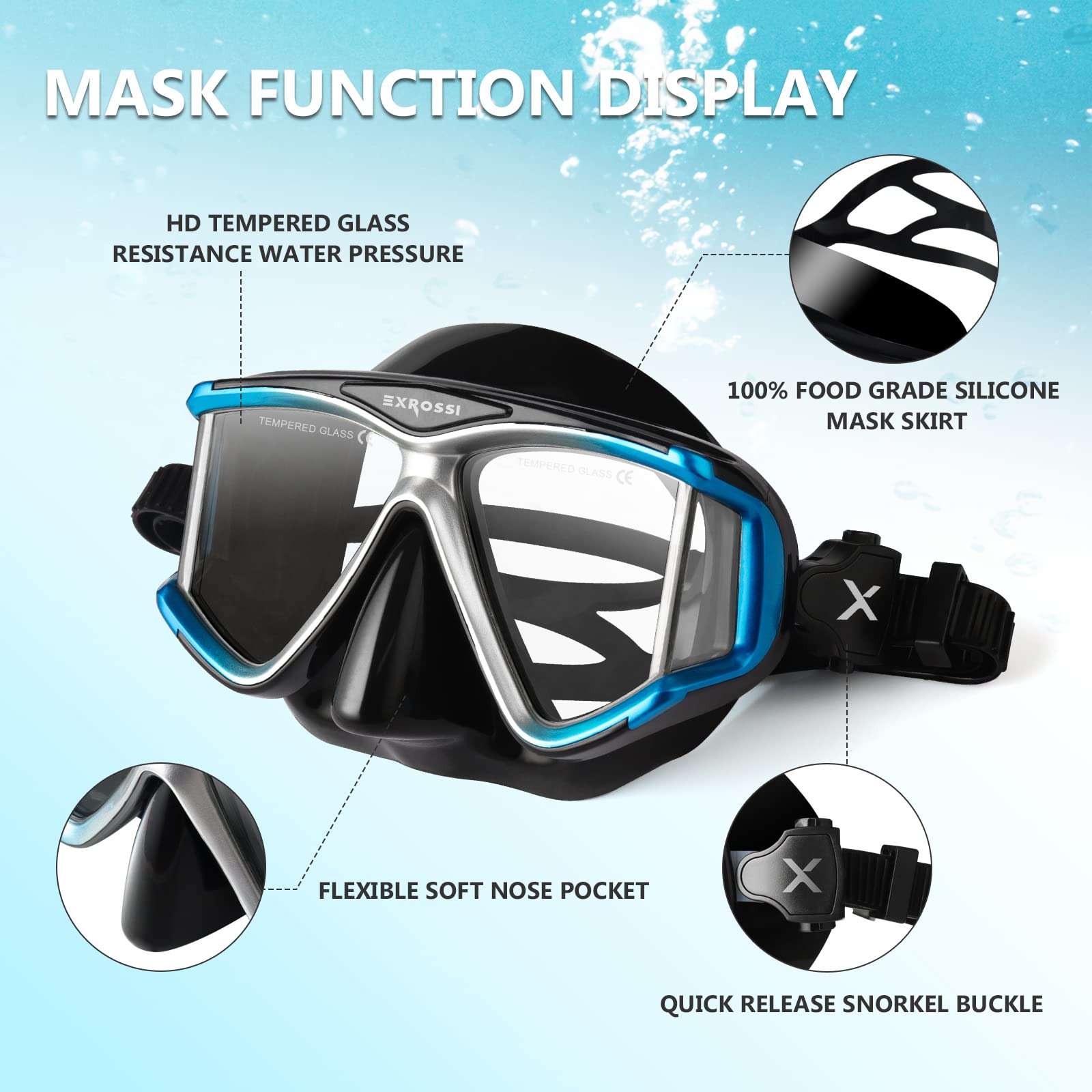 Premium Panoramic 4-Lens Scuba Diving Mask with Tempered Glass & Anti-Fog Coating | Snorkeling Dive Mask with Nose Cover | Professional Swim Goggles for Adults & Youth | Ideal for Scuba Diving, Snorkeling, Swimming & Underwater Exploration