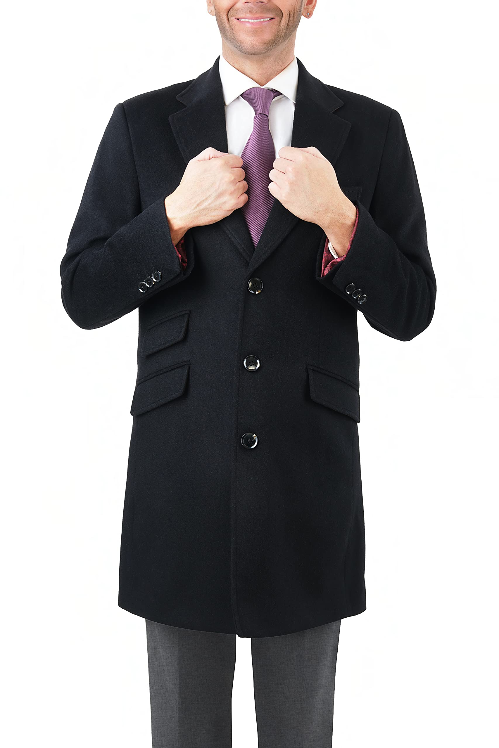 Premium Men's Wool Cashmere Blend Single-Breasted Black 3/4 Length Top Coat - Winter Business Formal Overcoat for Office, Weddings & Special Occasions