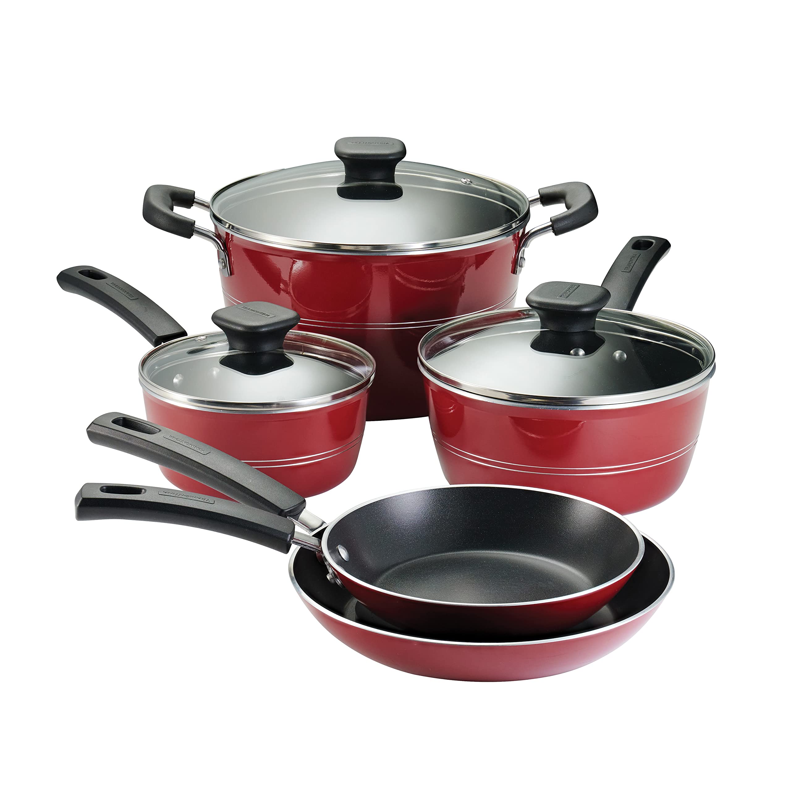 Tramontina Sicilia 8-Piece Nonstick Cookware Set with Glass Lids - Aluminum Pots and Pans Kitchen Set (Raspberry Red) - Perfect for Sauteing, Frying & Everyday Cooking