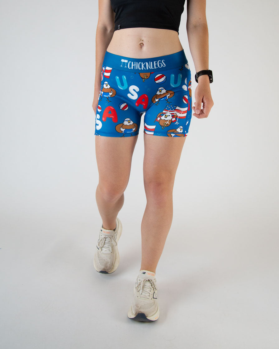 Women's High Waist Compression Shorts for Workout & Pool Party - USA Flag Design - Perfect for Gym, Running, Yoga & Beach Activities