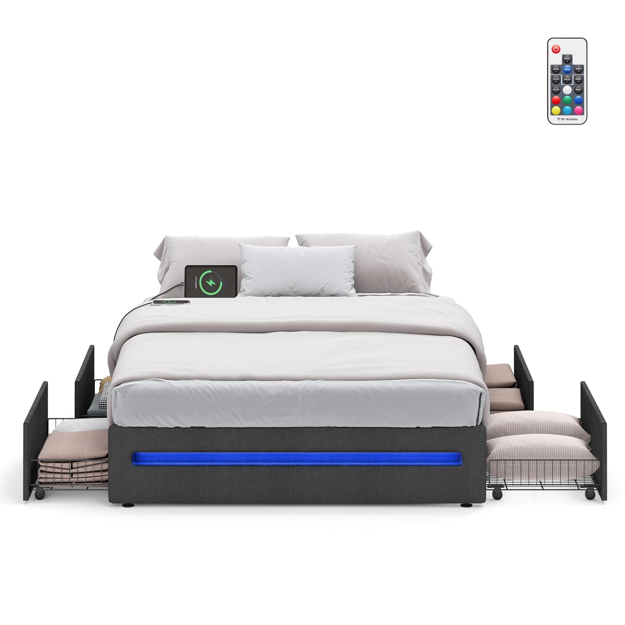 VASAGLE Queen Size LED Bed Frame with 4 Storage Drawers, USB & Type-C Charging Station - Sturdy Steel Slats, No Box Spring Required, Dark Gray - Perfect for Modern Bedrooms, Small Spaces & Tech-Savvy Homes