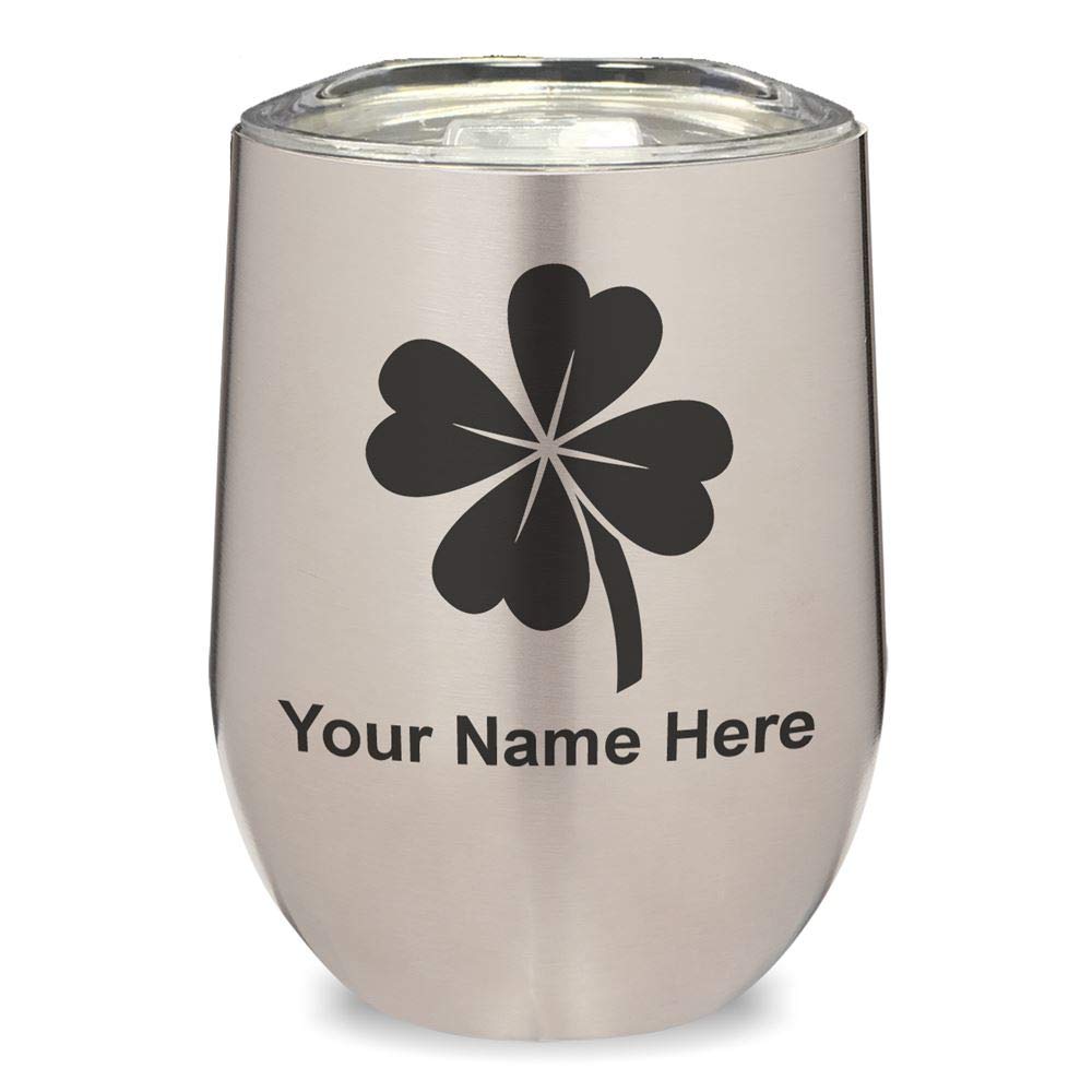 LaserGram Double Wall Stainless Steel Wine Glass Tumbler with Four Leaf Clover Design - Personalized Engraving Included - Perfect for Parties, Weddings & Home Bar Use