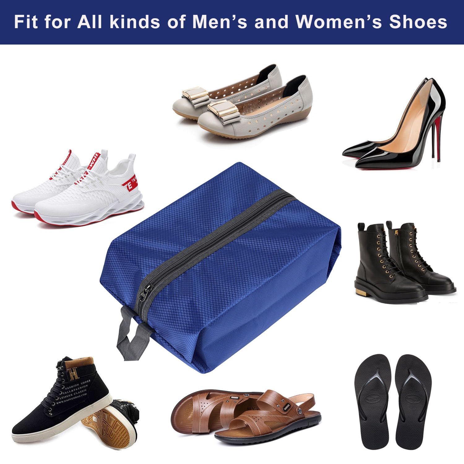 4 Pack Washable Travel Shoe Bags - Blue Nylon & Oxford Fabric with Zipper Closure | Perfect for Gym, Vacation & Organization