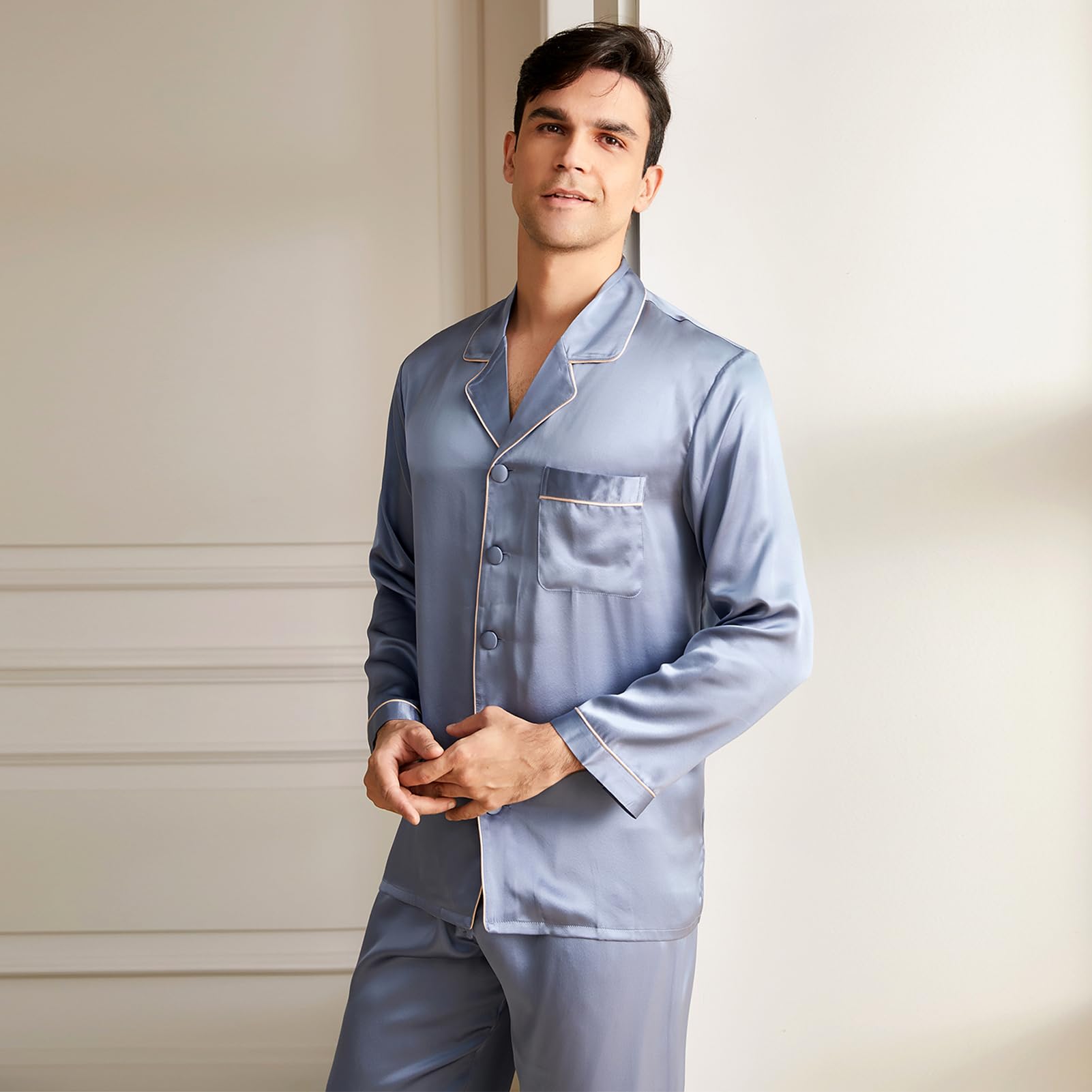 Premium 19 Momme Mulberry Silk Pajama Set for Men - 2-Piece Long Sleeve Luxury Sleepwear | Lightweight & Breathable Silk Pajamas | Perfect for Lounging, Travel & Gift Giving