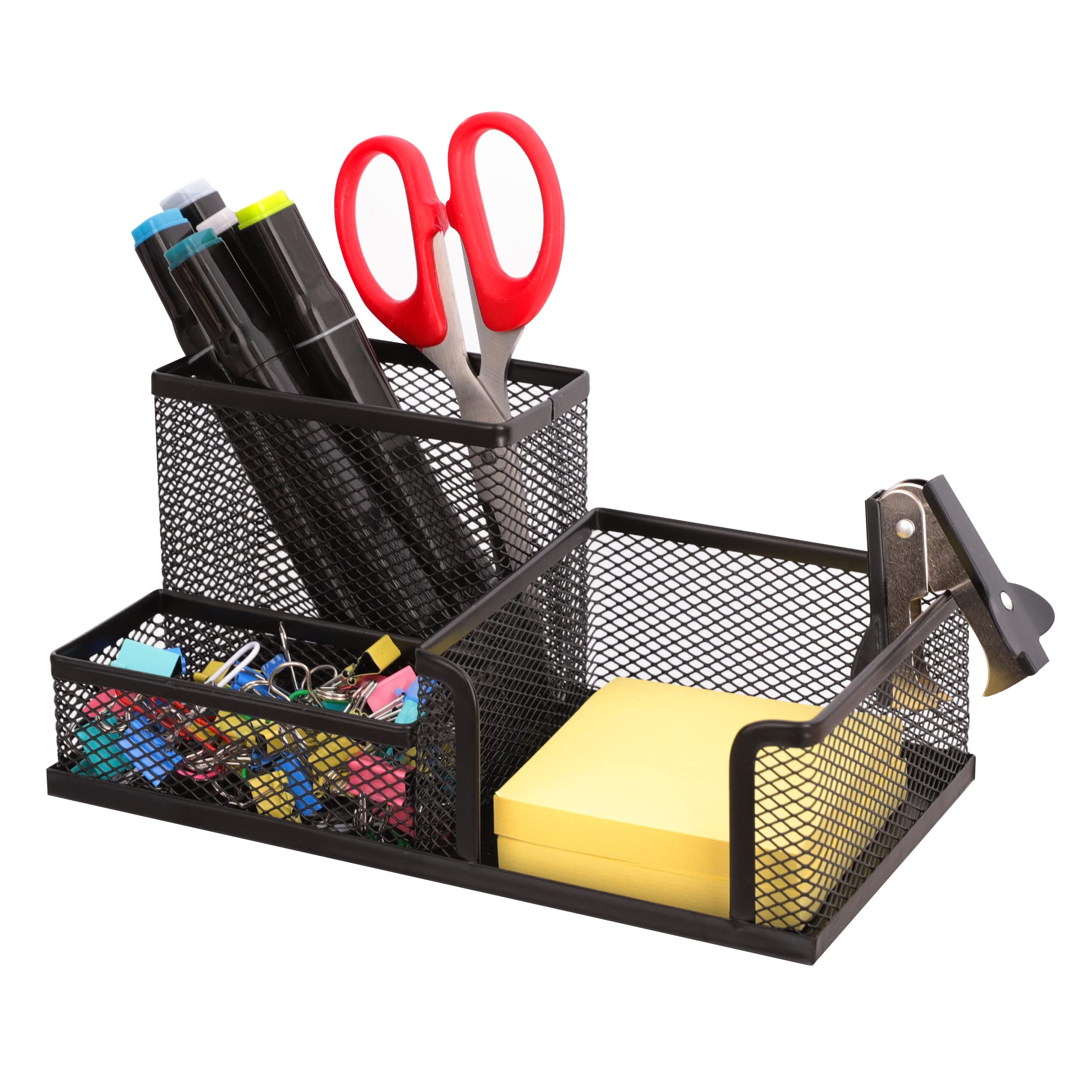 Ludato Mesh Desk Organizer - 3 Compartment Black Pen Holder for Office & Home Use