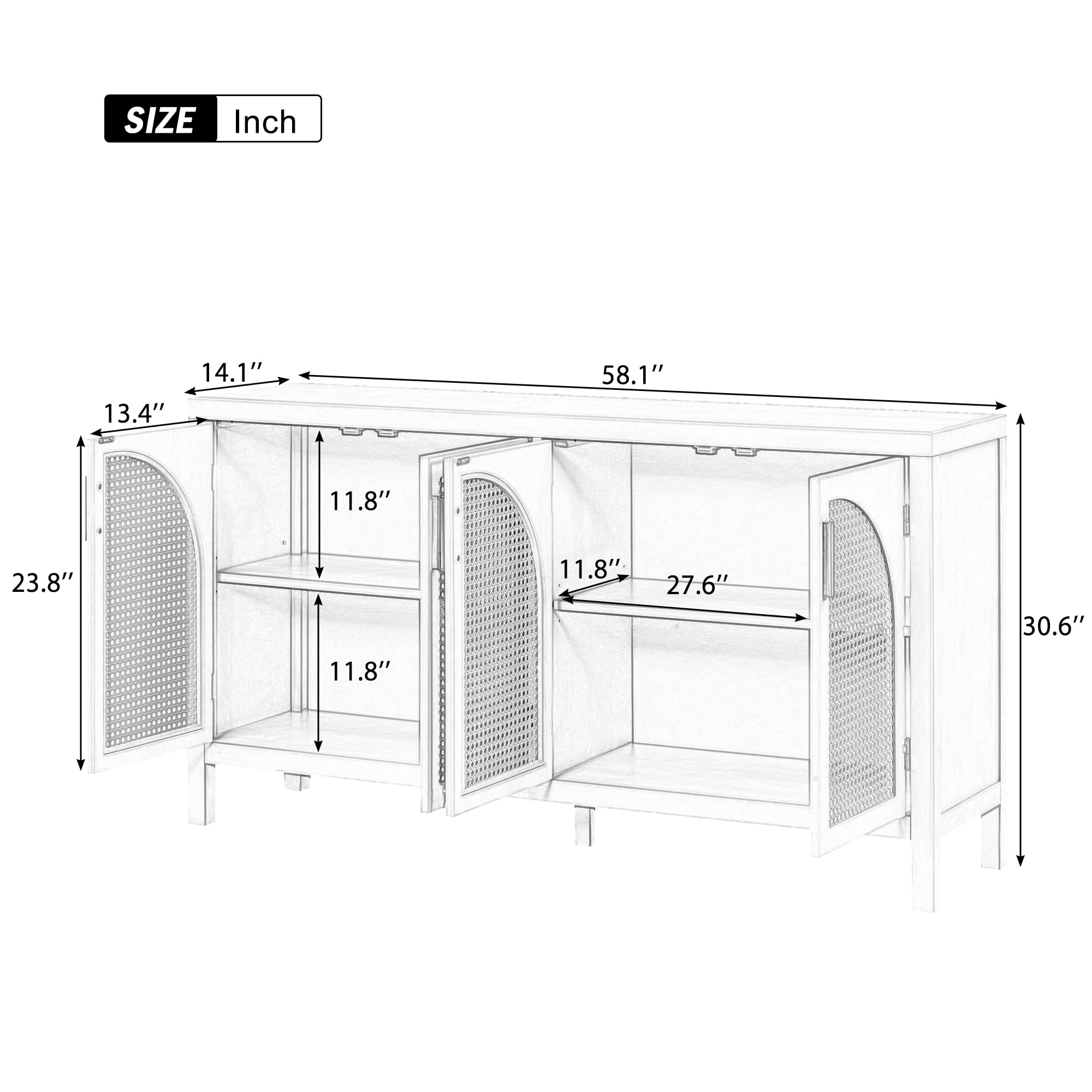 Modern Gray Wooden Sideboard with Artificial Rattan Doors & Metal Handles - 4-Door Storage Cabinet with Adjustable Shelf, Stylish Console Table for Dining Room, Living Room & Entryway - Perfect for Home Organization & Decor