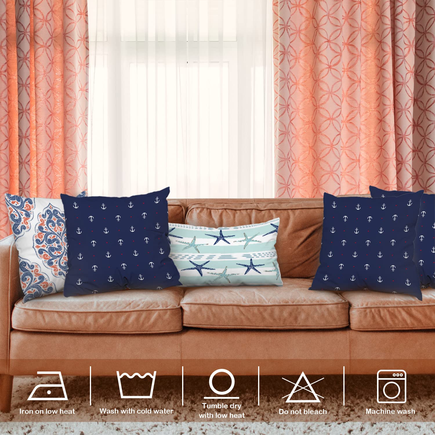 Nautical Coastal Decorative Pillow Covers 22x22 Inch - Blue & White Cotton Square Cushion Covers with Red Heart Design for Sofa, Bed, Boat, or Beach House Decor