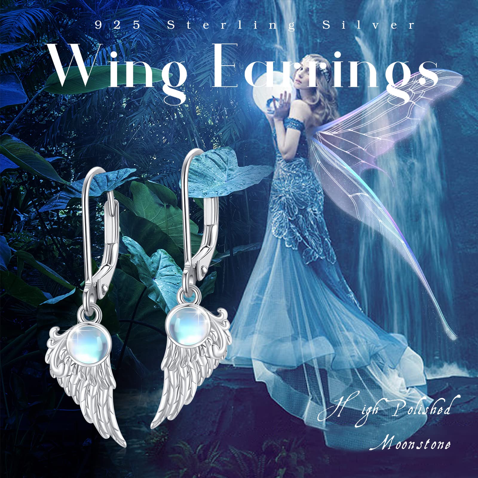 925 Sterling Silver Angel Wing Feather Earrings for Women - Hypoallergenic Moonstone Dangle Drop Earrings with Hook | Sensitive Ear Safe Jewelry Gift for Girls & Women | Perfect for Weddings, Parties & Everyday Wear