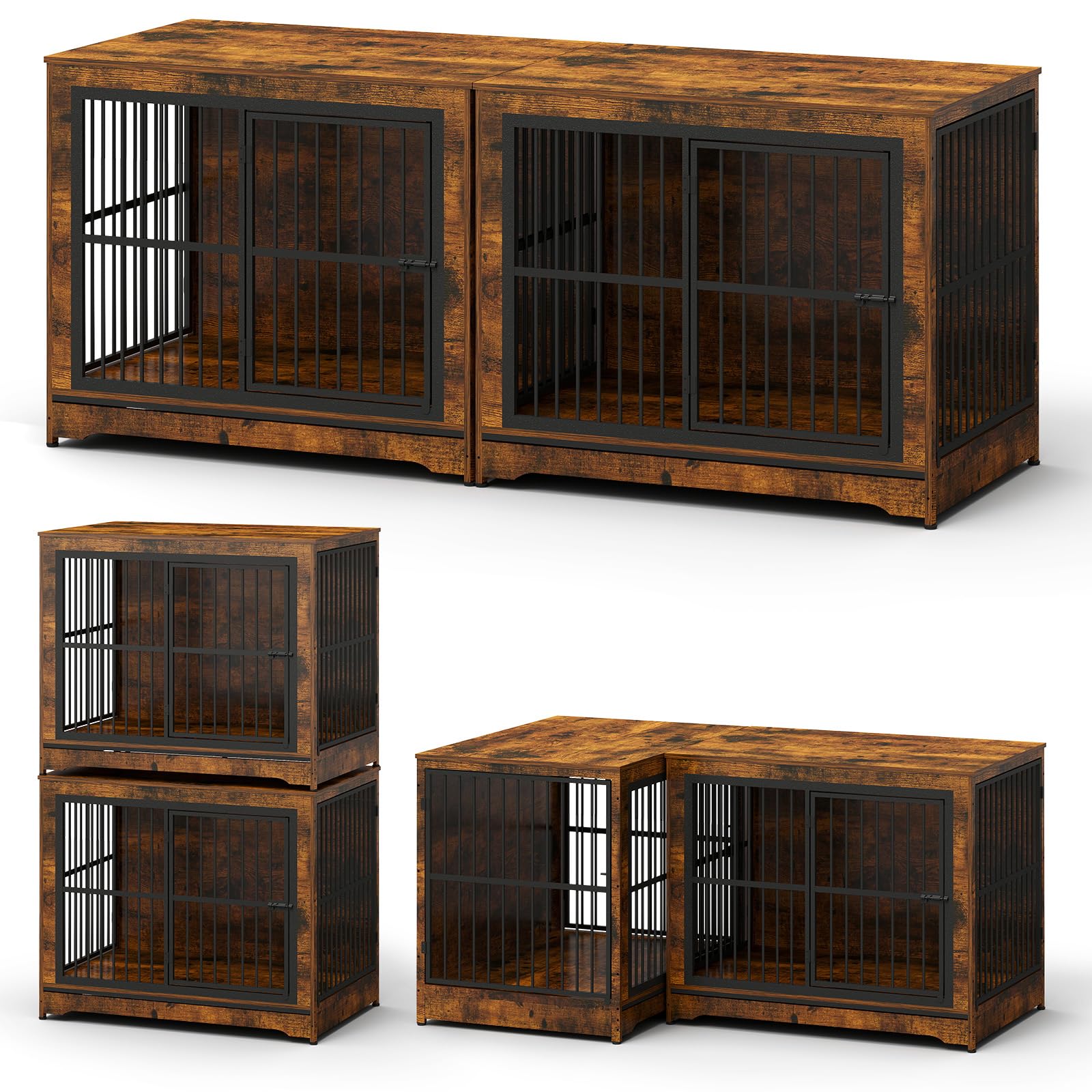 86 Inch Double Dog Crate Furniture with Divider - 4-in-1 Convertible Large Dog Kennel for 2 Dogs - Rustic Brown Corner Pet Crate for Small, Medium & Large Breeds - Perfect for Living Rooms, Bedrooms & Home Offices
