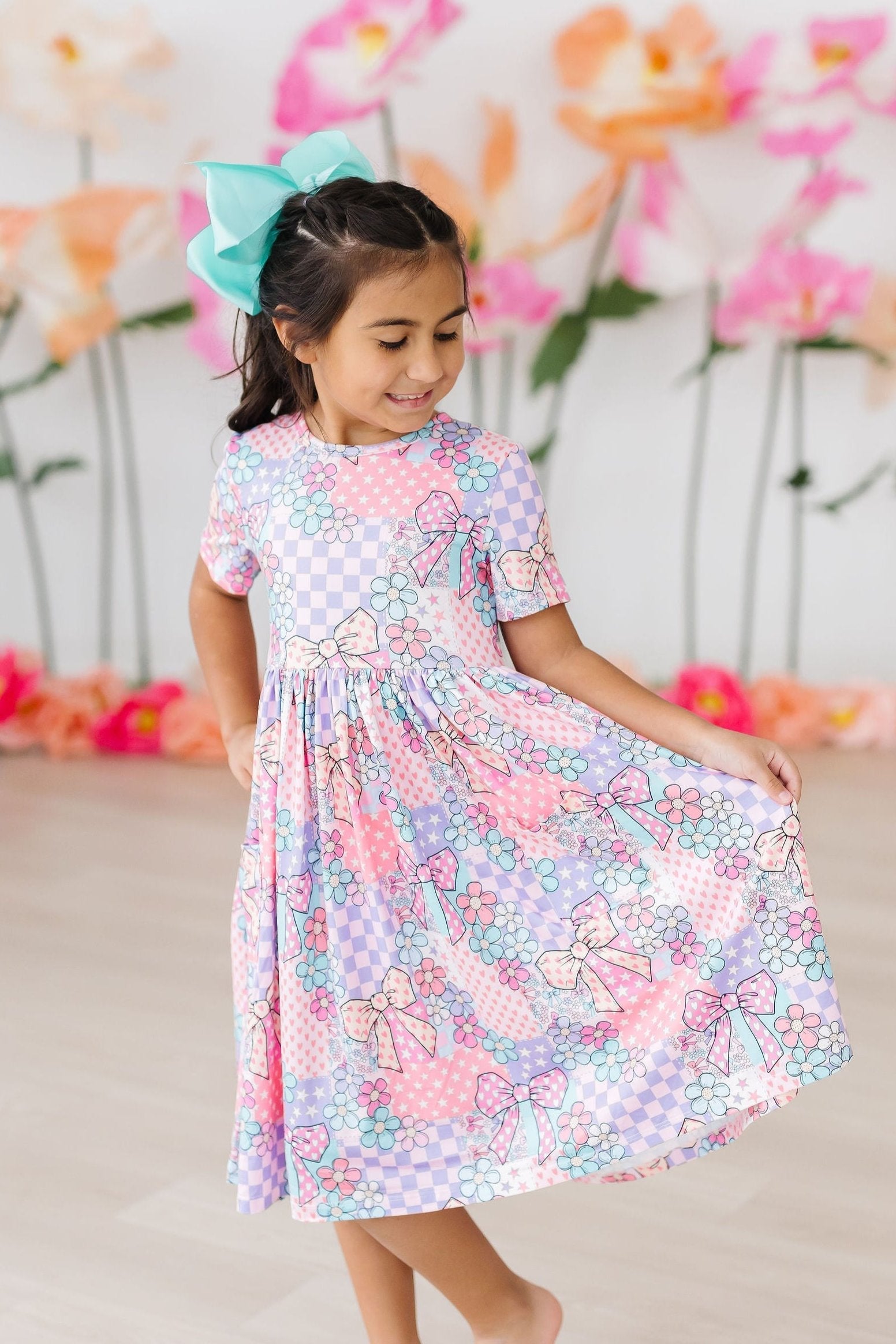 Patchwork Princess Short Sleeve Pocket Twirl Dress for Girls - Perfect for Summer Parties, School Events & Photo Shoots