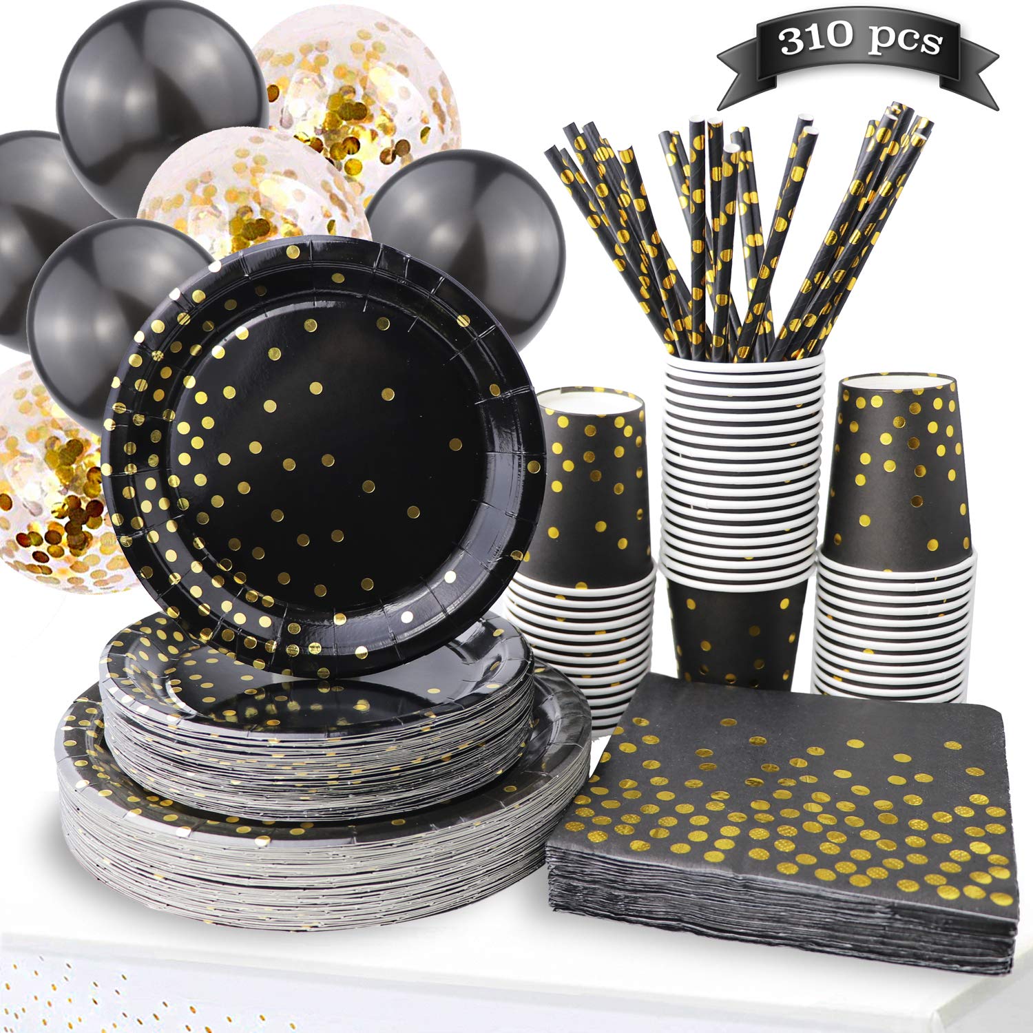 310-Piece Black and Gold Party Supplies Set - 50 Dinner Plates, 50 Dessert Plates, 50 Cups, 50 Napkins, 50 Straws & 60 Balloons for Birthday, Wedding, Holiday Celebrations | Elegant Rose Gold Dot Disposable Tableware for Festive Occasions