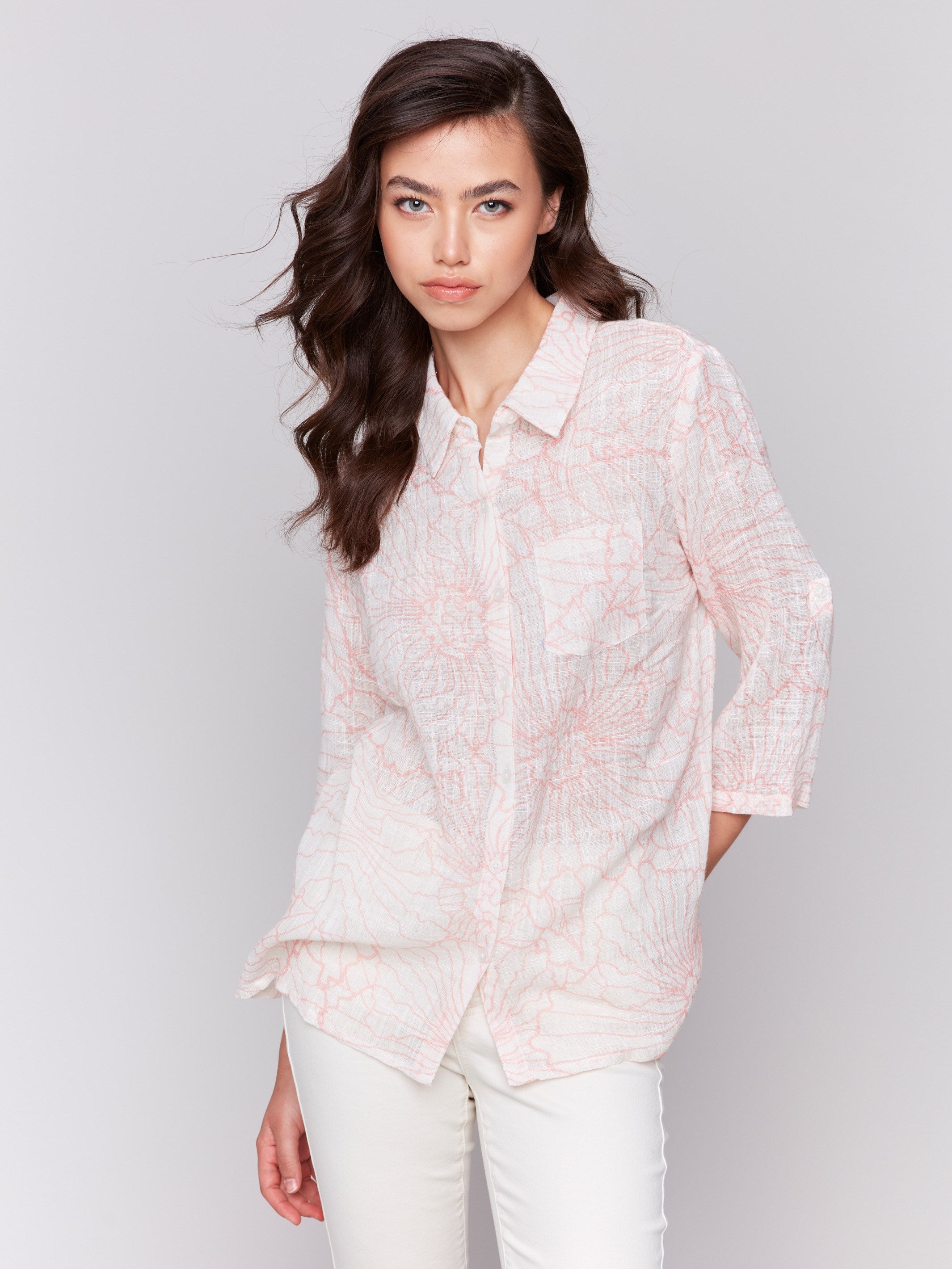 Printed Cotton Gauze Shirt for Women - Soft & Breathable Summer Blouse - Guava Color - Perfect for Beach Outings & Casual Wear