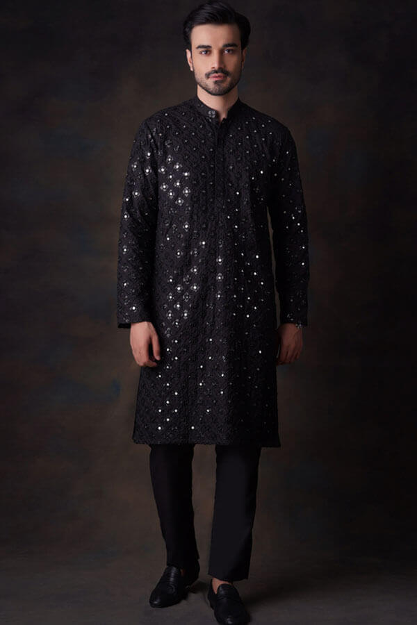 Jet Black Mirror Resham Zardozi Kurta Pyjama Set - Traditional Indian Embroidered Ethnic Wear for Men, Wedding & Festival Outfit