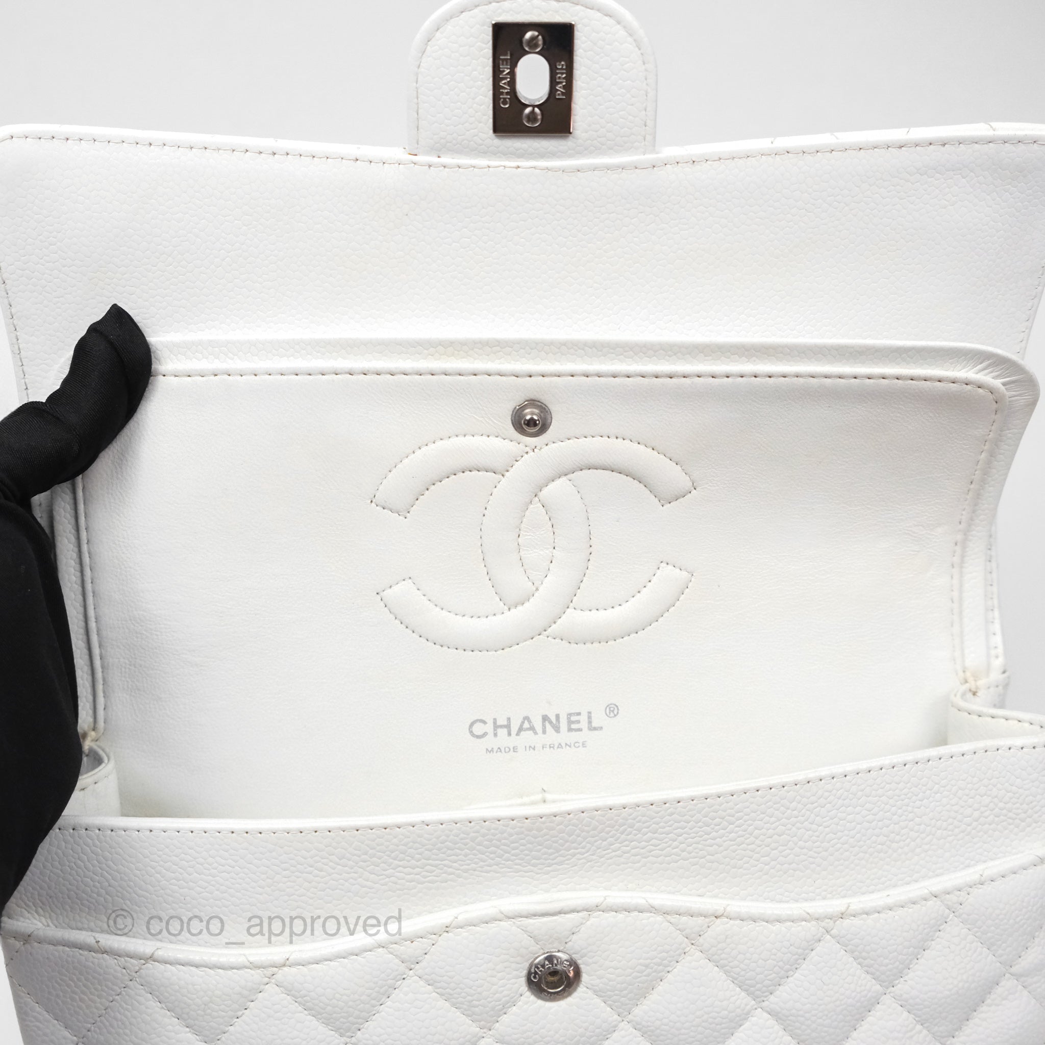 Chanel Classic Medium Double Flap Bag in White Caviar Leather with Silver Hardware - Luxury Handbag for Women, Perfect for Parties, Weddings & Everyday Elegance