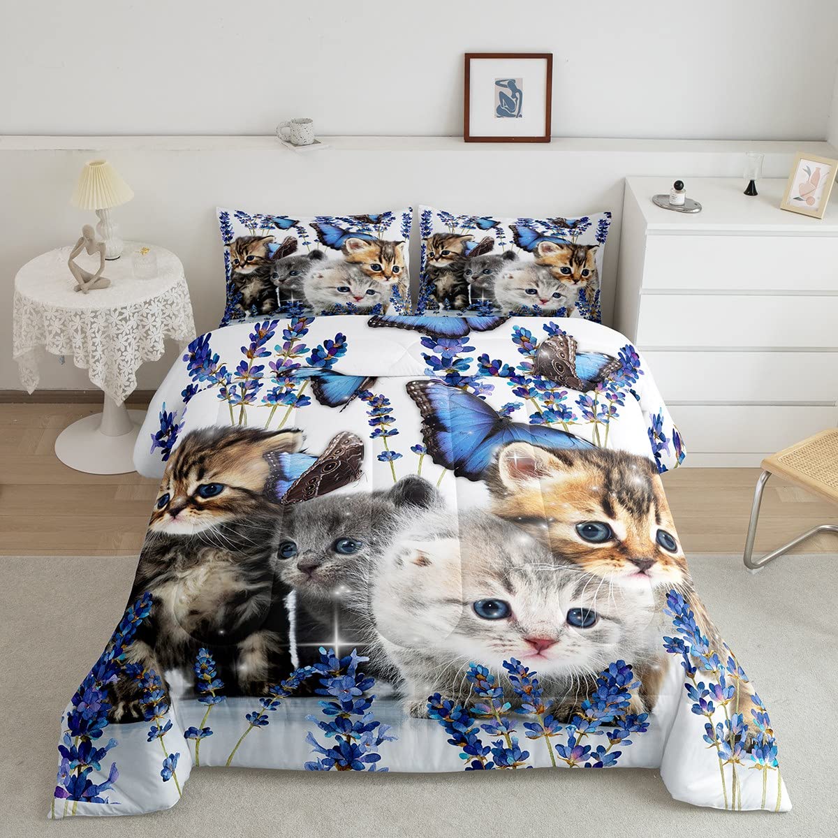 Cute Cat Bedding Set for Kids - Butterfly Comforter Set, Blue Floral Duvet Cover with Kawaii Kitten Design, Twin Size Pet-Themed Bedding | Perfect for Children's Room Decor, Birthday Gifts & Cozy Sleep