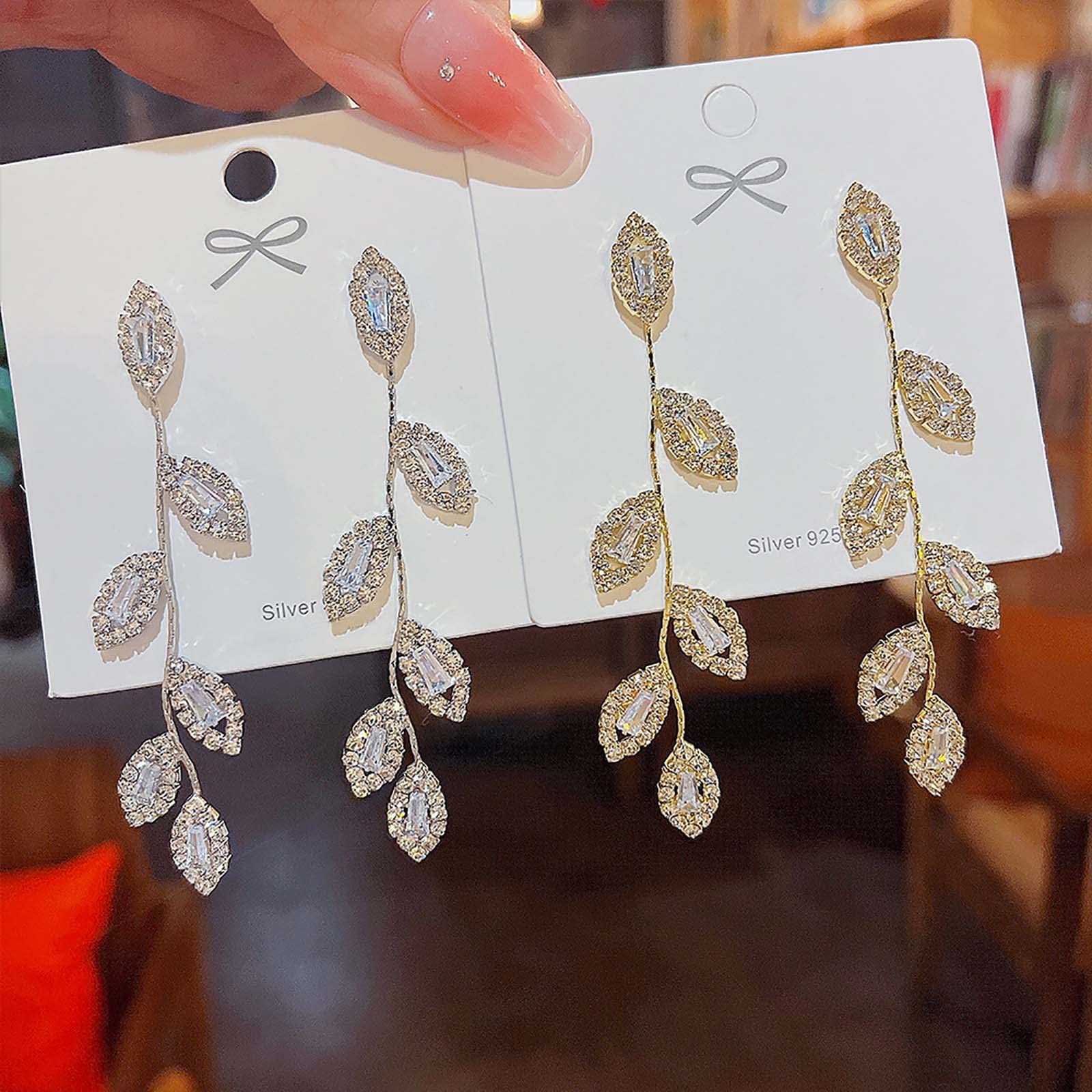 Elegant Silver Drop Dangling Earrings for Women - Rhinestone Bridal Wedding Prom Anniversary Jewelry - Delicate Leaf Design Long Earrings - Perfect for Weddings, Parties, and Special Occasions