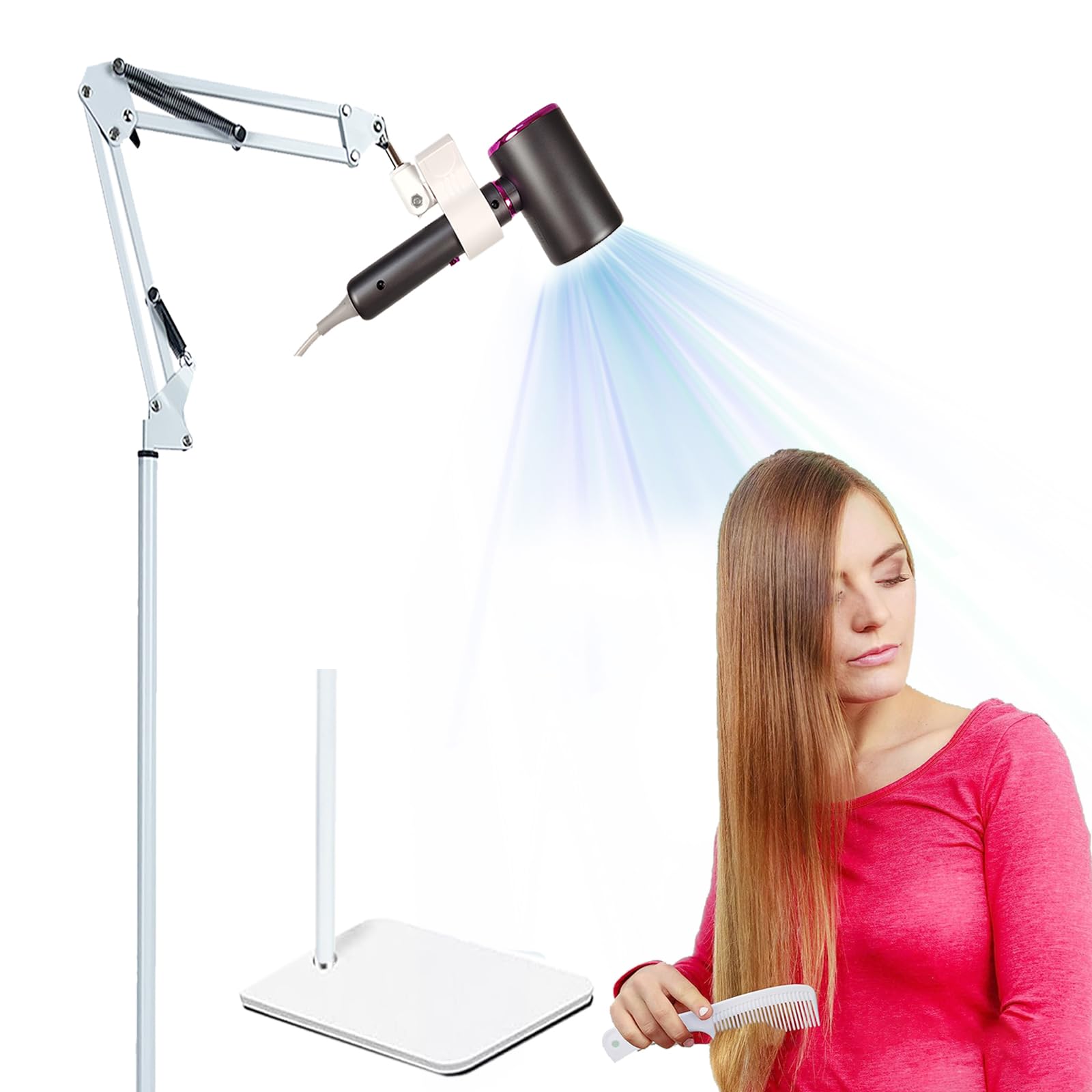 Hands Free Hair Dryer Stand Holder - Adjustable 360° Rotating Blow Dryer Stand with Clip, Compatible with 99% Hair Dryers for Salon & Home Use