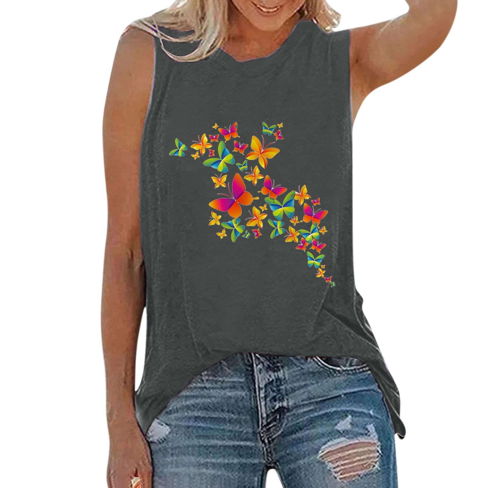 Women's Casual Butterfly Print Tank Tops - Sleeveless Summer Blouses & Beach Vests for Outdoor Activities, Vacations and Daily Wear