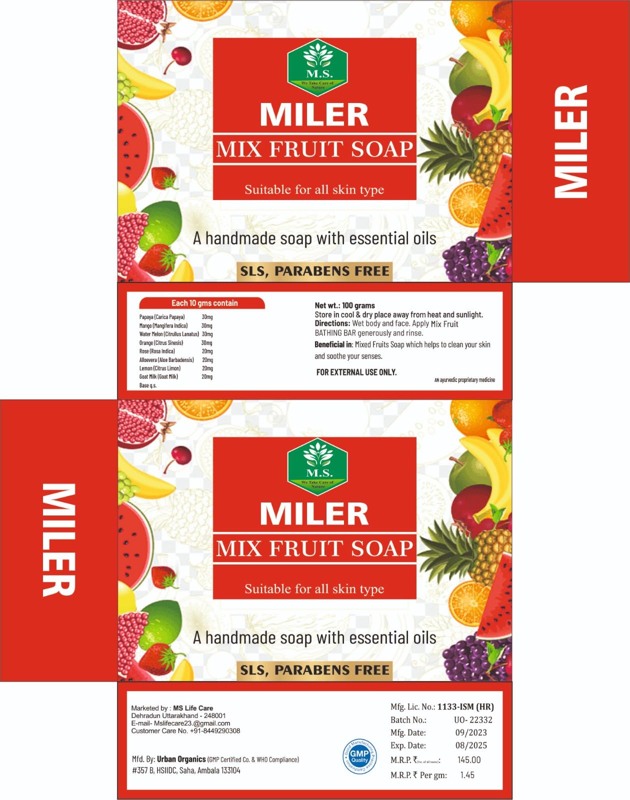 Miler Mix Fruti Soap (3.5oz) - Natural Handmade Soap with Refreshing Fruit Extracts, Vegan & Cruelty-Free | Pack of 2 - Perfect for Daily Skincare & Gift Giving