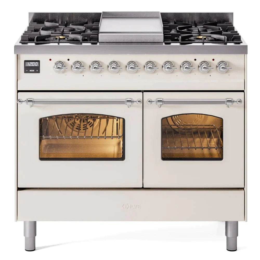 ILVE 40 Nostalgie II Series Freestanding Double Oven Dual Fuel Range - 6 Sealed Burners & Griddle - Professional Gas & Electric Range for Home Kitchen - Perfect for Baking, Roasting & Family Cooking (Model UPD40FNMP)