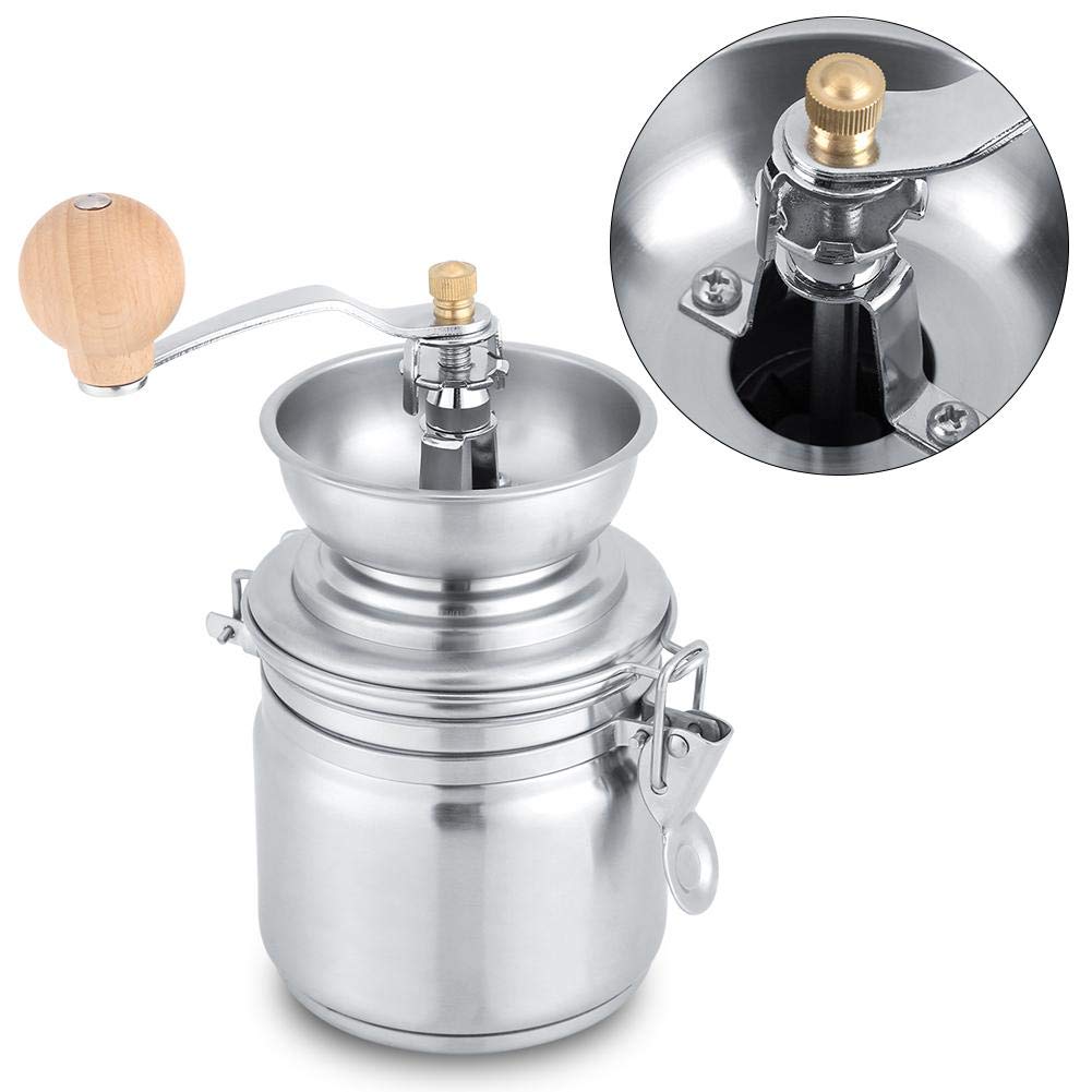 Premium Adjustable Stainless Steel & Ceramic Burr Coffee Grinder with Wooden Handle - Portable Manual Hand Mill for Fresh Coffee Beans, Spices, and Nuts - Perfect for Home, Camping, Travel & Barista Use (Sliver)