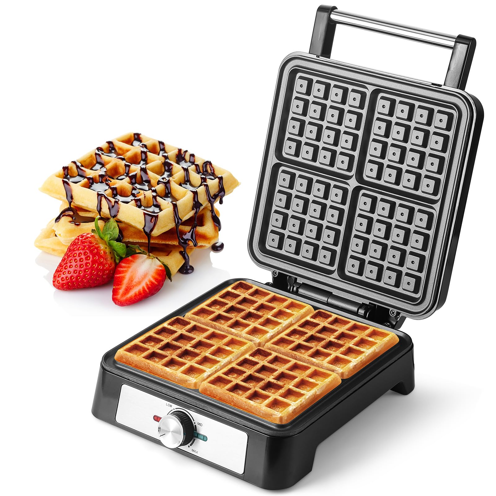 **4-Square Belgian Waffle Maker with Non-Stick Plates – 1600W Fast Heating, 3 Browning Levels – Perfect for Breakfast, Brunch & Desserts – Quick & Easy Homemade Waffles**